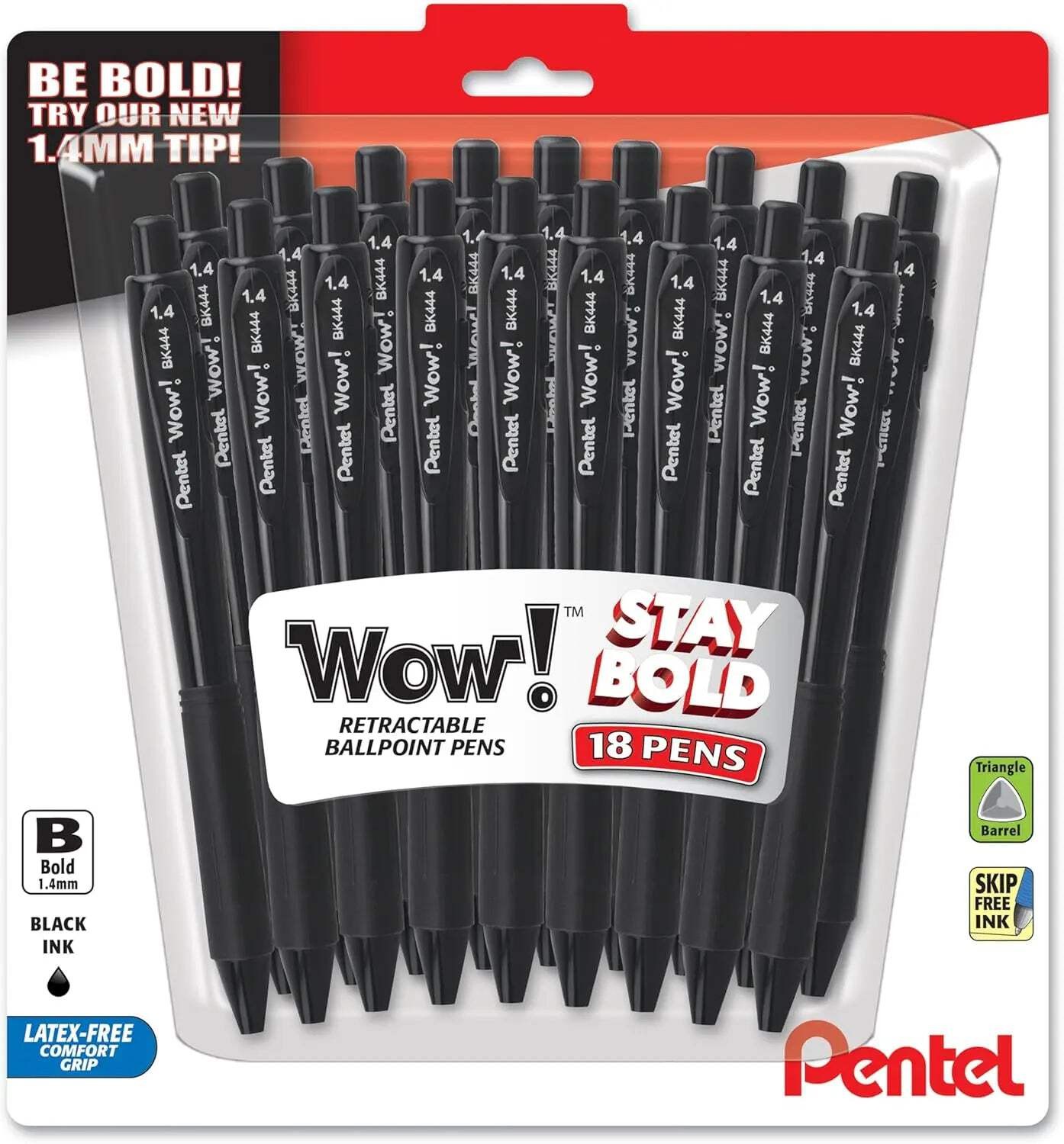 Wow! Retractable Ballpoint Pen, (1.4mm) Bold Line, Black Ink, 18-pk
