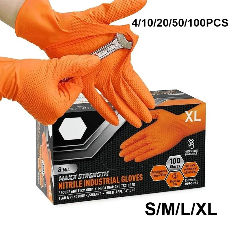 8 Mil Heavy Duty Orange Nitrile Gloves Diamond Textured Disposable Work Mechanic