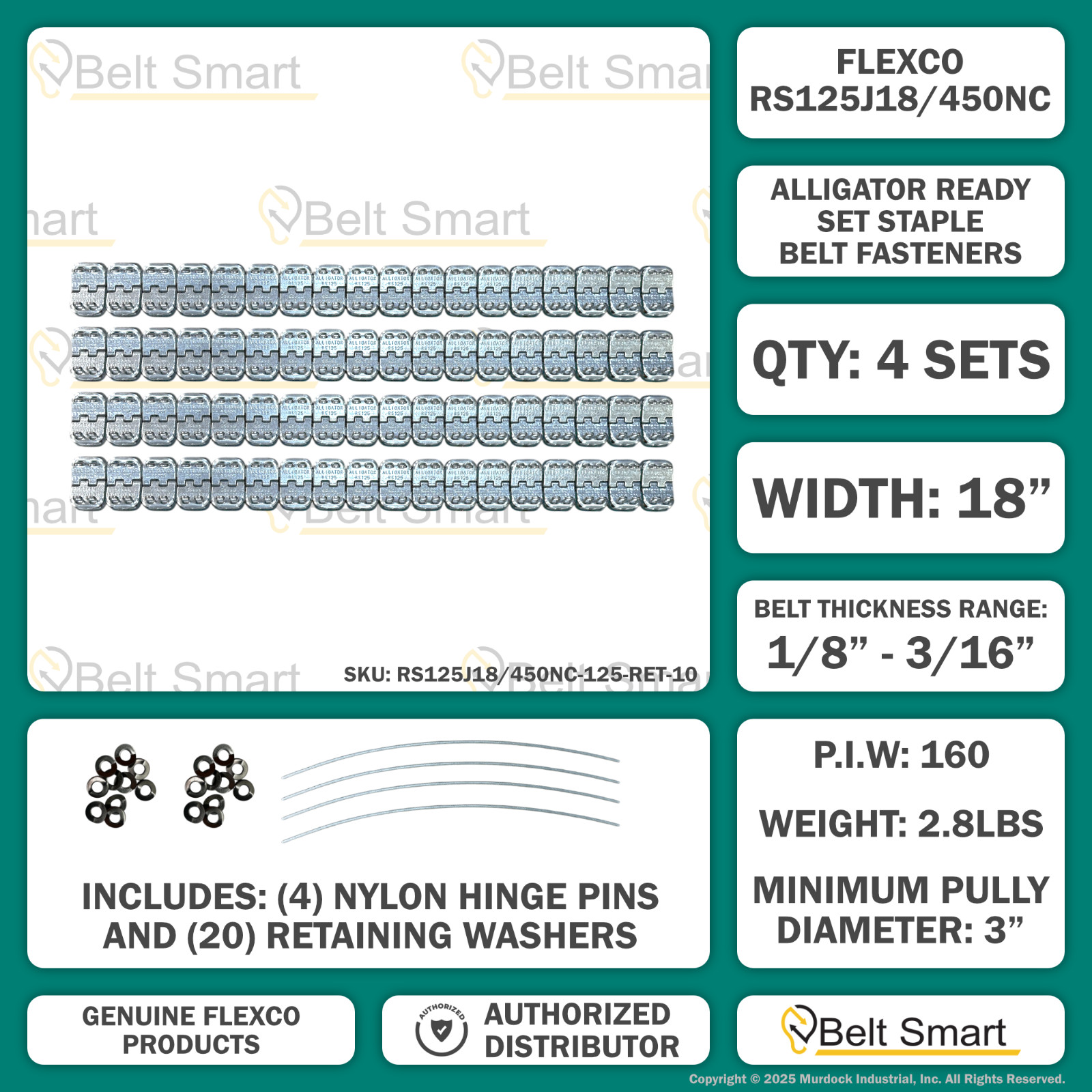 Genuine Flexco RS125J18/450NC Alligator Ready Set Staple Fastener (Box of 4 Set)