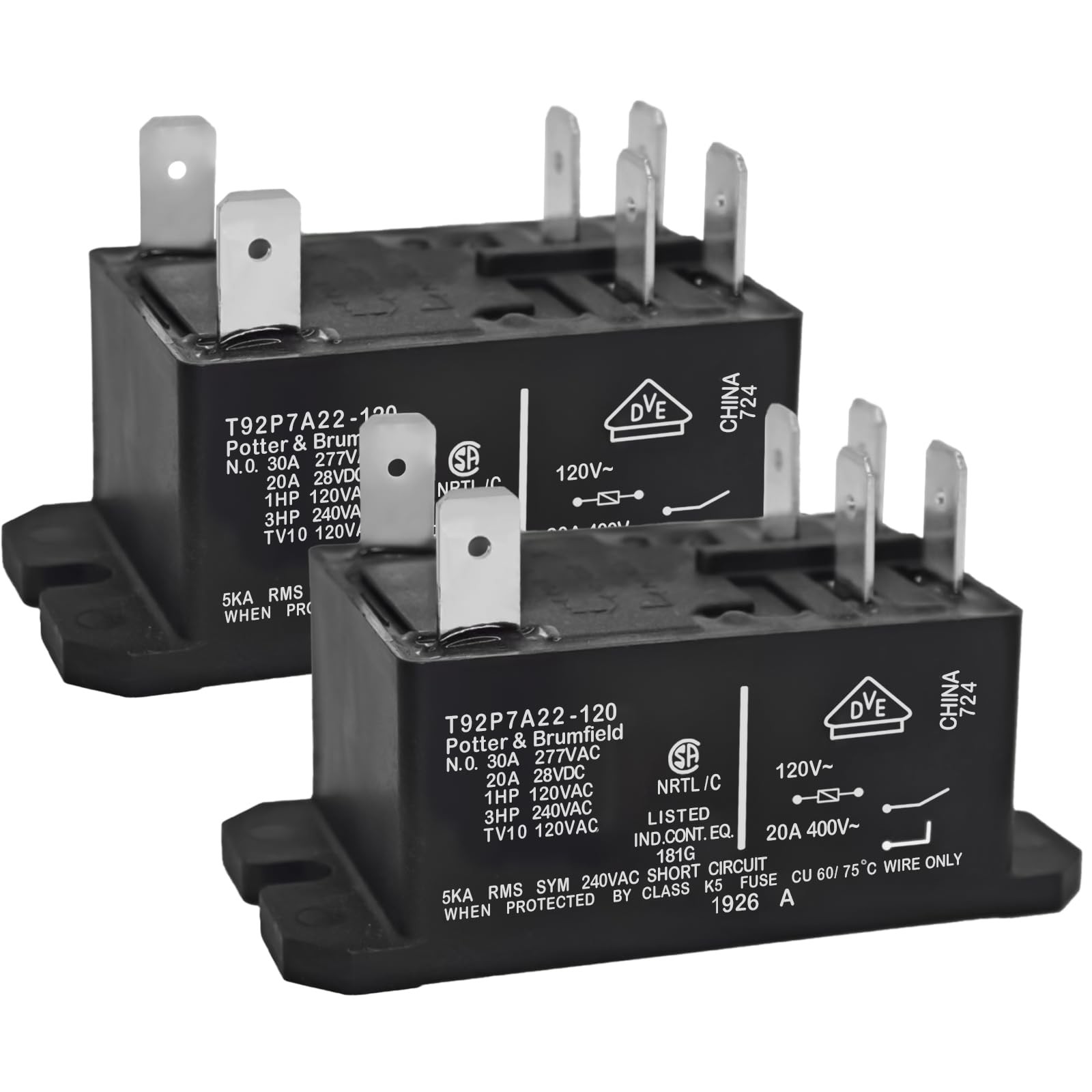 T92P7A22-120 Power Relay (Pack of 2), DPST-NO (2 Form A) – 120VAC, 30A 6-Pins Ge
