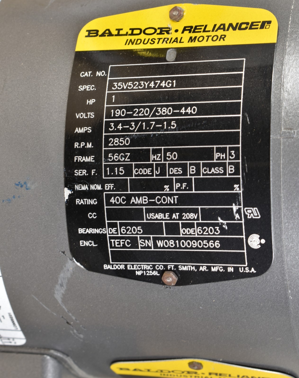 Baldor Reliance 35V523Y474G1, 1 HP Induction Motor w/ Blower, 208-230V, 3 Phase