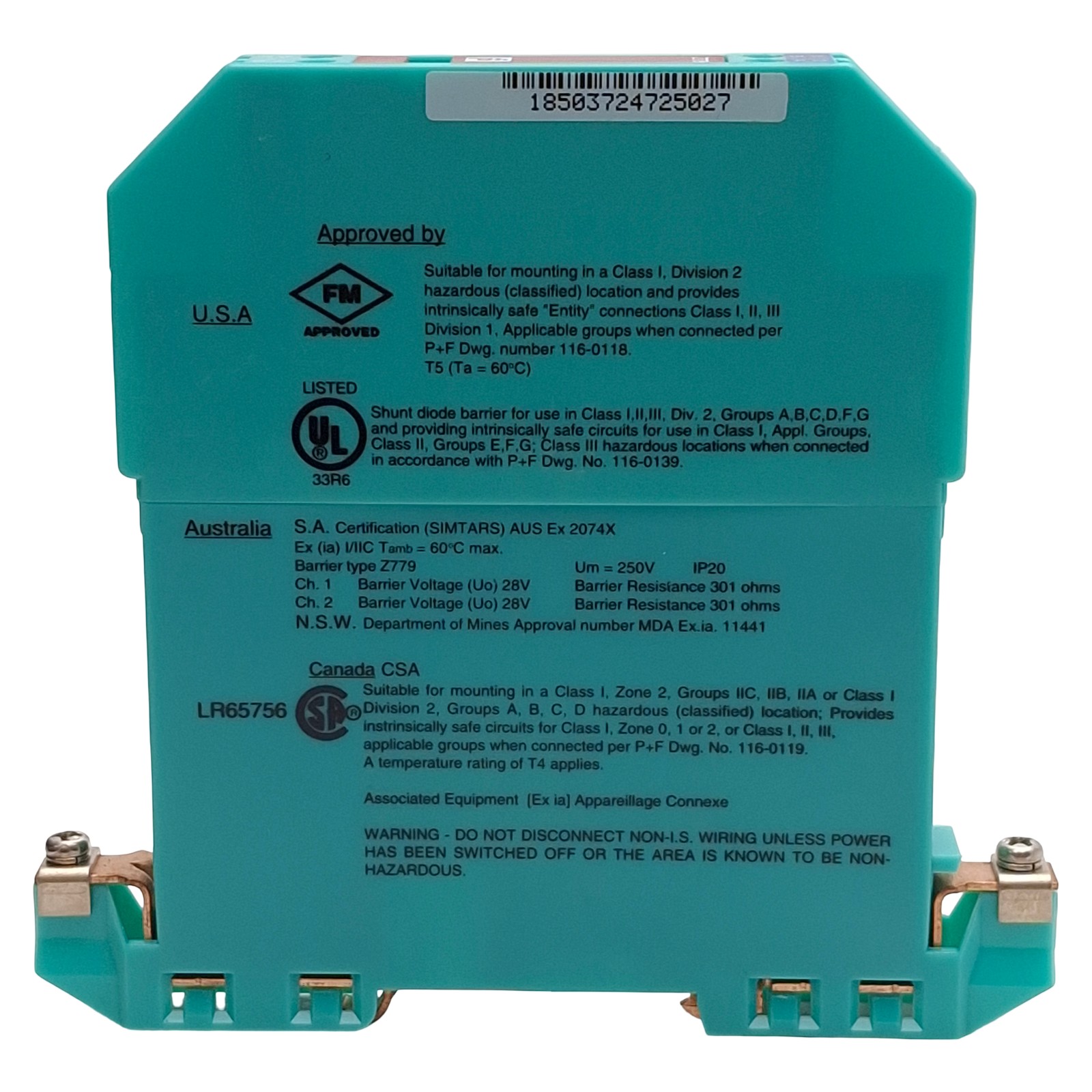 Pepperl + Fuchs 71806 Z779 Safe Snap Zener Barrier, 2-Ch 26.5V @ 10µA DC Version