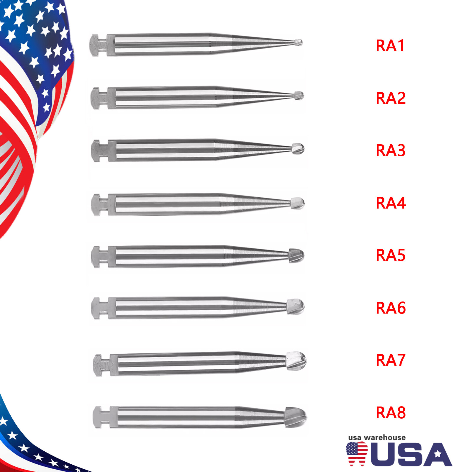 5Pcs Dental Round Carbide Bur for Slow Speed Latch Type RA 1# – 8# Burs