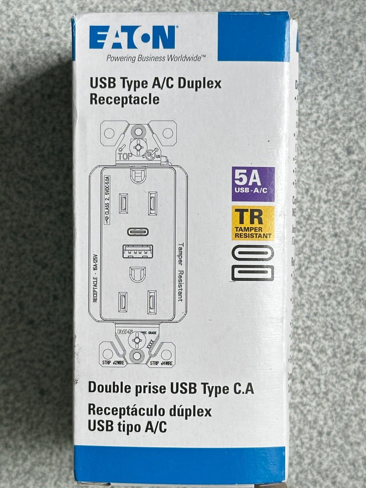 NEW Eaton Duplex Receptacle USB A & TYPE C Charger White 15A Tamper Resistant