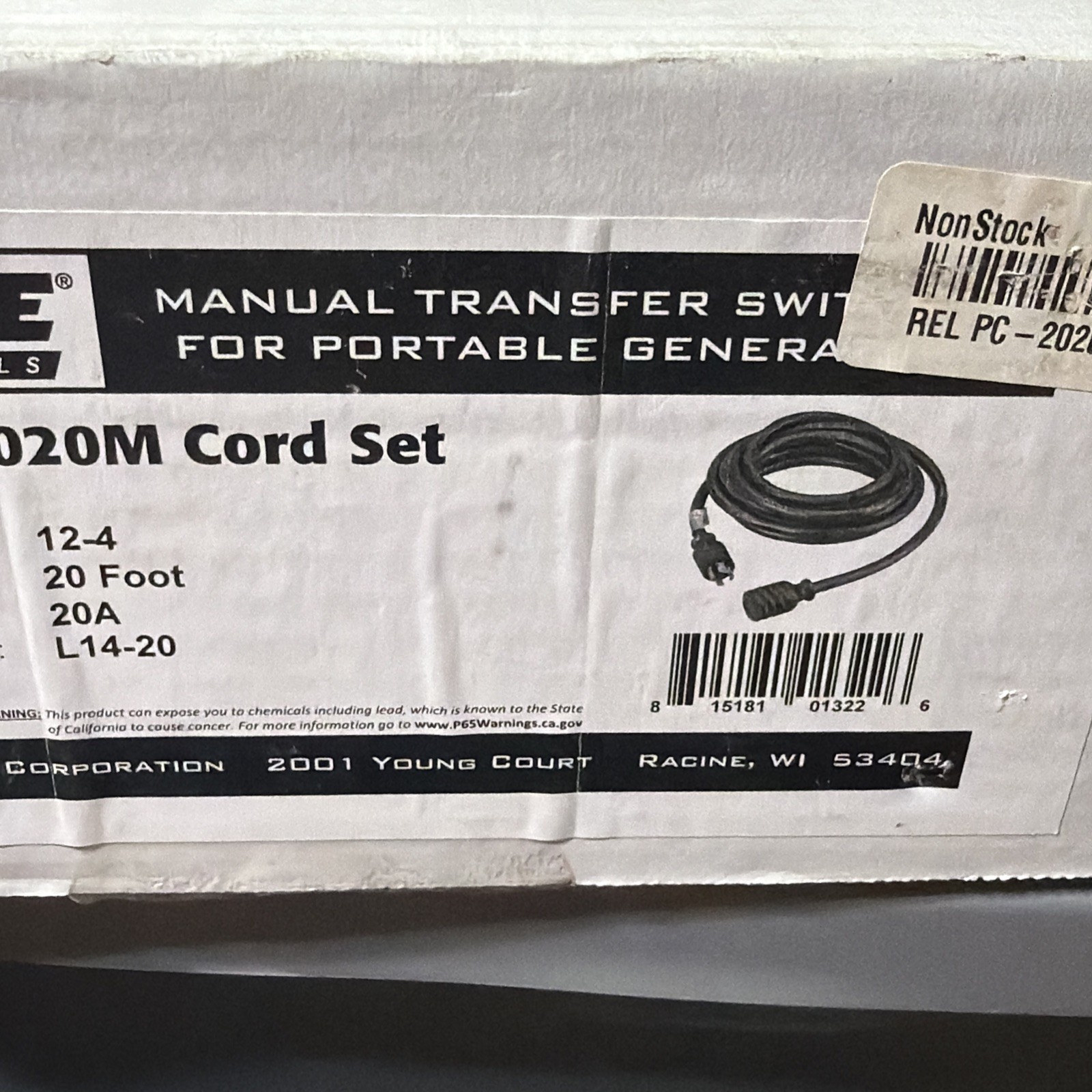 RELIANCE CONTROLS PC2020M CORD SET 12-4/20 FT. 20A-L14-20 MANUAL TRANSFER SWITCH