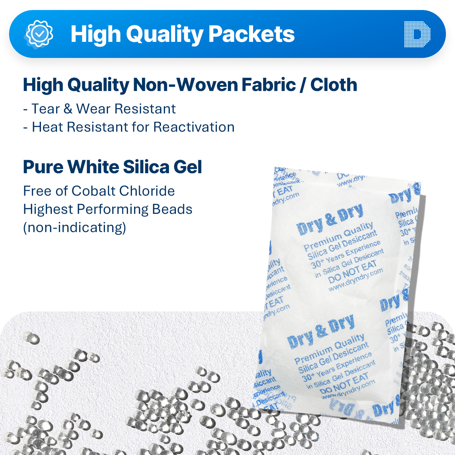 100 gram X 20 PK “Dry & Dry”High Quality Pure Reusable Silica Gel Packets