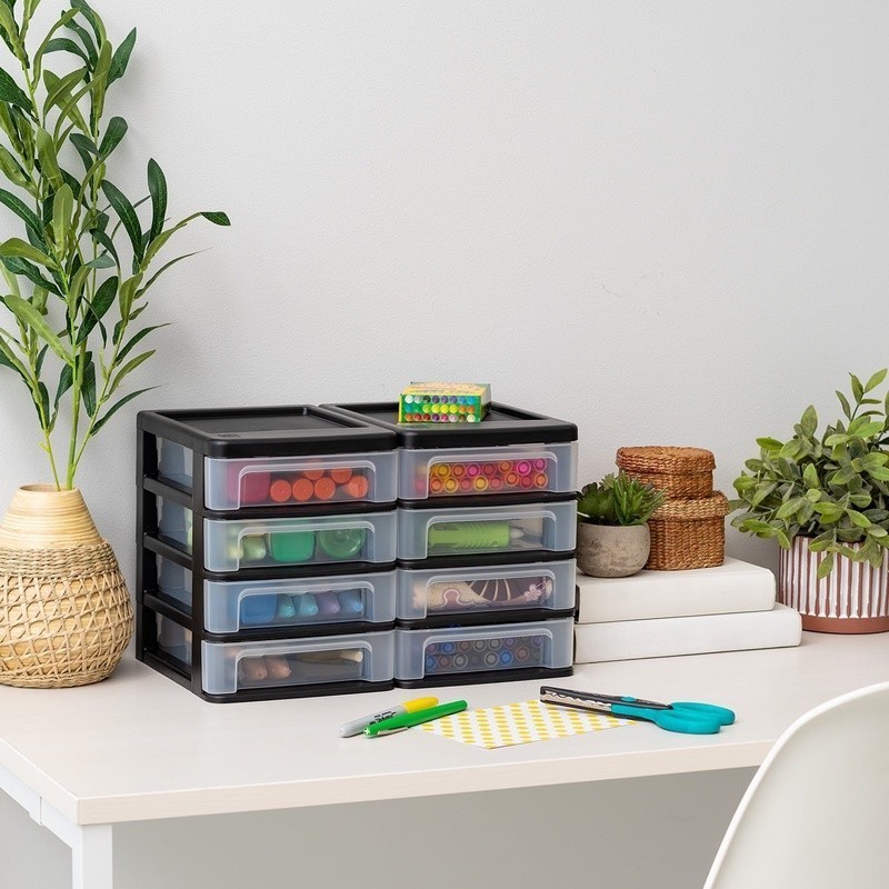 Stackable 4 Drawer Plastic Desktop Organizer Set of 2 Compact Storage Solution