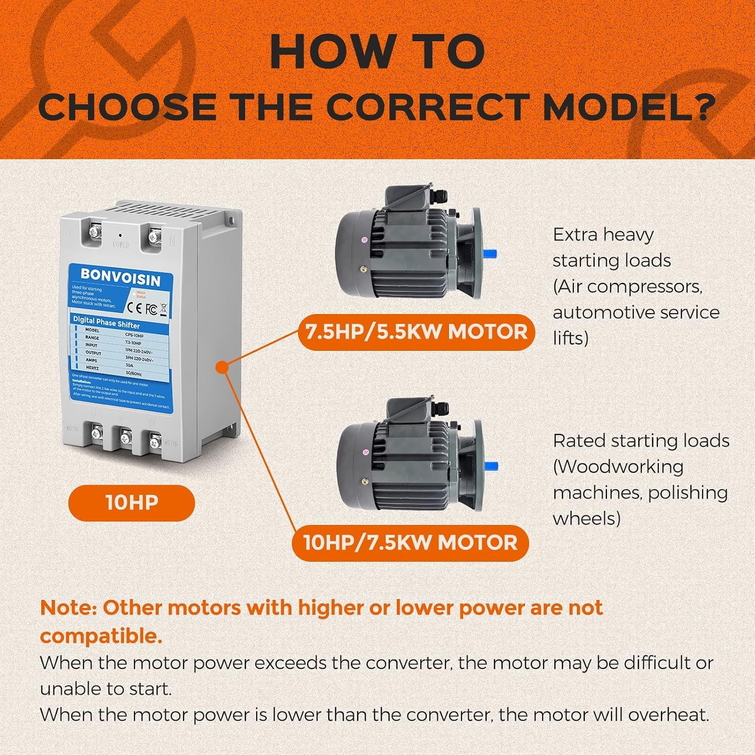Bonvoisin 10HP 7.5kW Single Phase to 3 Phase Converter 30A 220V-240V Digital