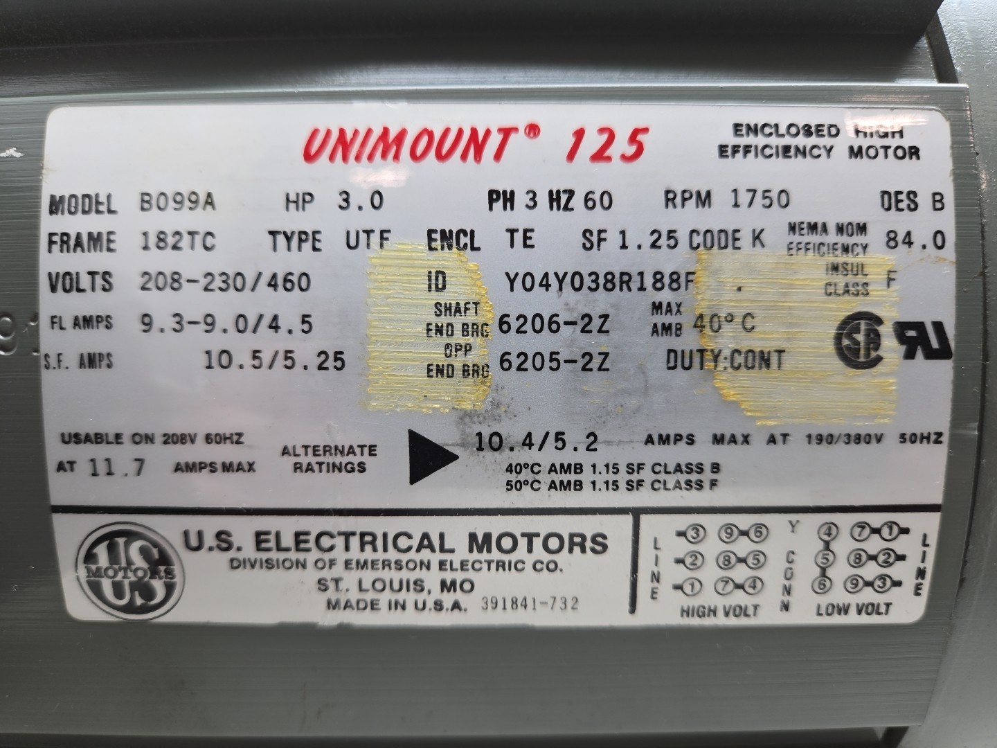Us Motors B099A UniMount 3Hp Motor 3Ph 1750 Rpm 208-230/460V 9.3-9.0/4.5A 182Tc