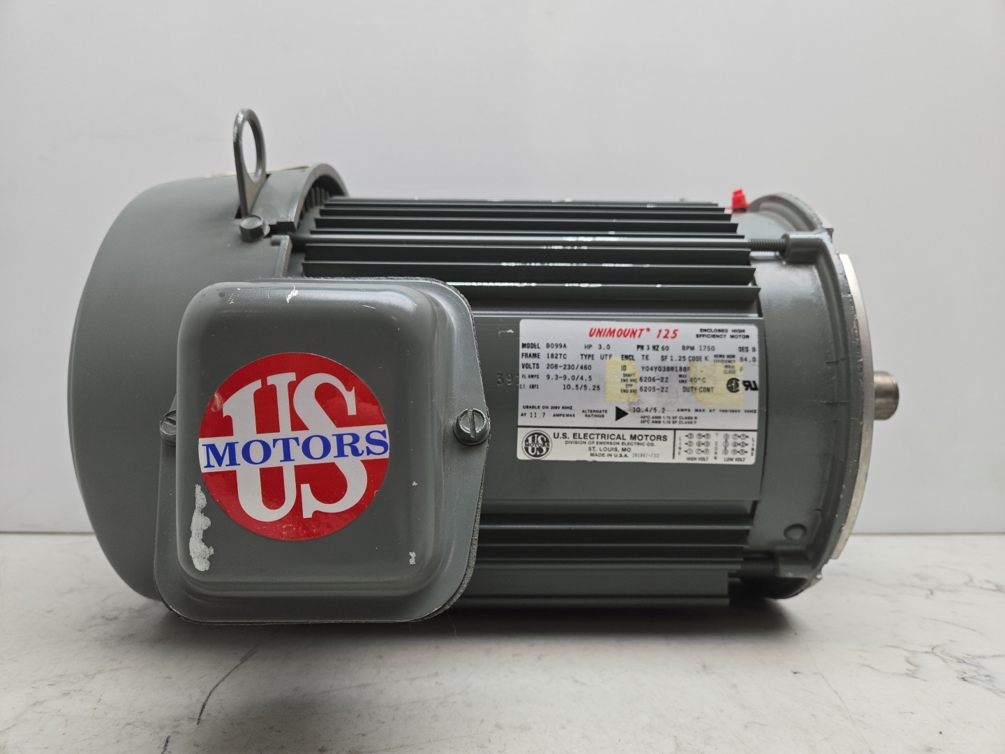 Us Motors B099A UniMount 3Hp Motor 3Ph 1750 Rpm 208-230/460V 9.3-9.0/4.5A 182Tc