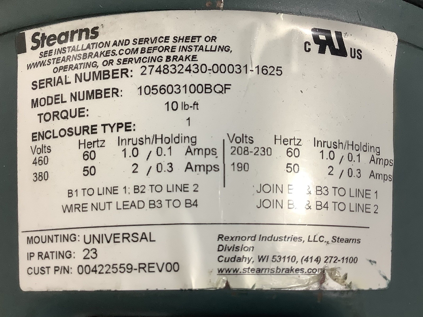 Leeson 119565.00 Wattsaver Brake Motor 1.5HP 1750RPM 56C TEFC 3PH C6T17FC250A