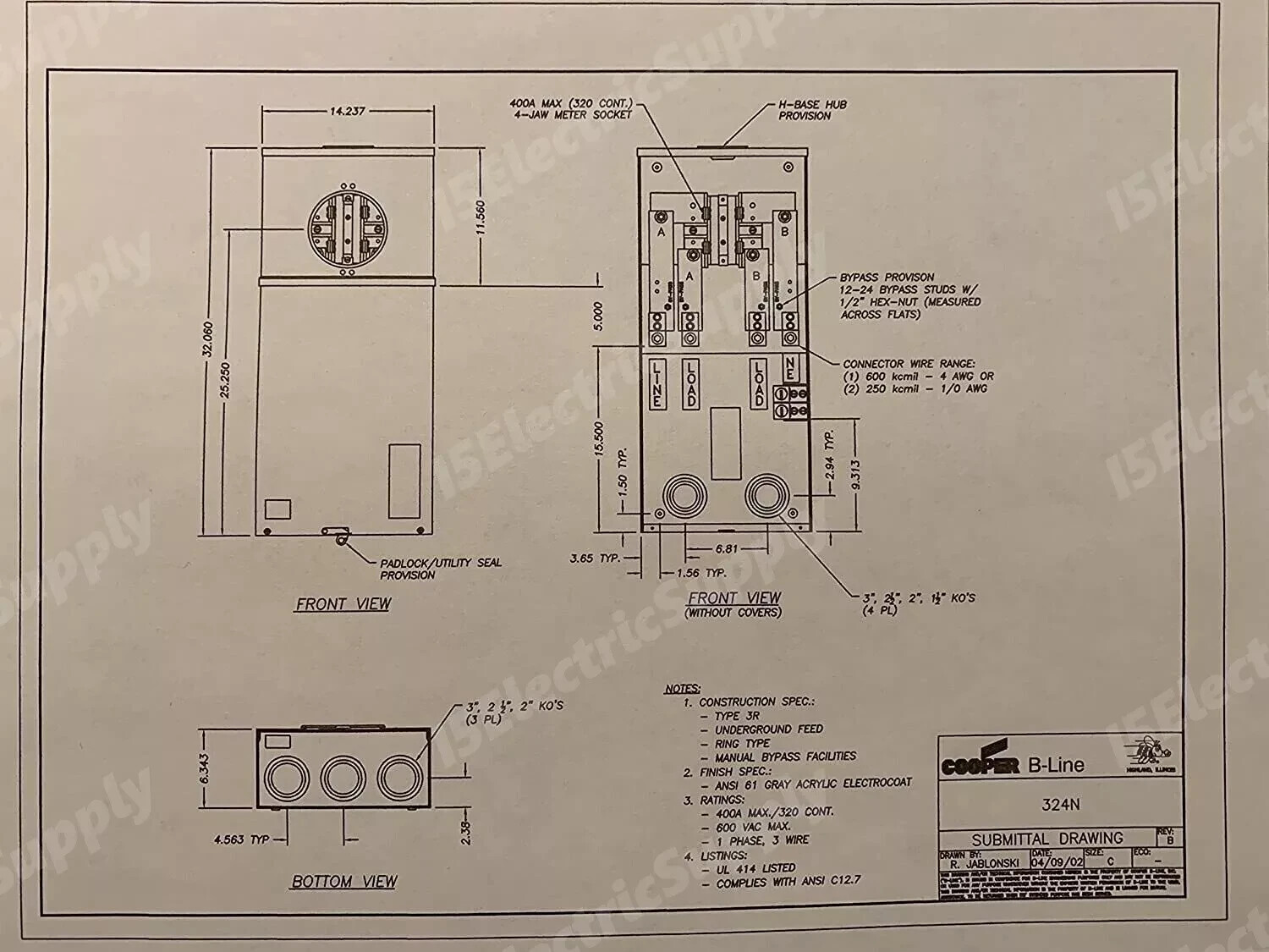 EATON 400 / 320 Amp Meter Base Socket Single Phase 324N Brand New UL Listed