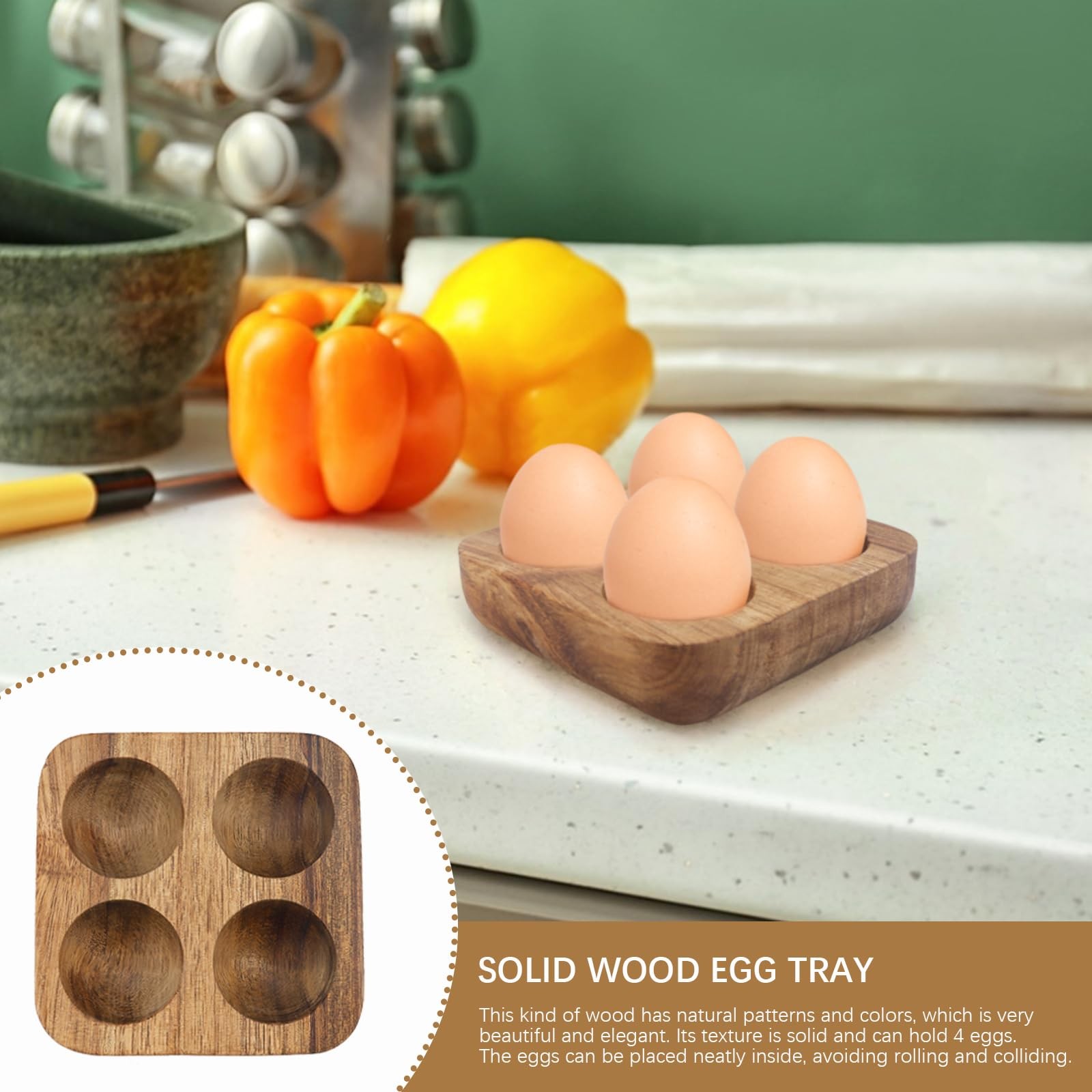 4 Slots Wooden Egg Tray, Holder for Kitchen Refrigerator Countertop brown