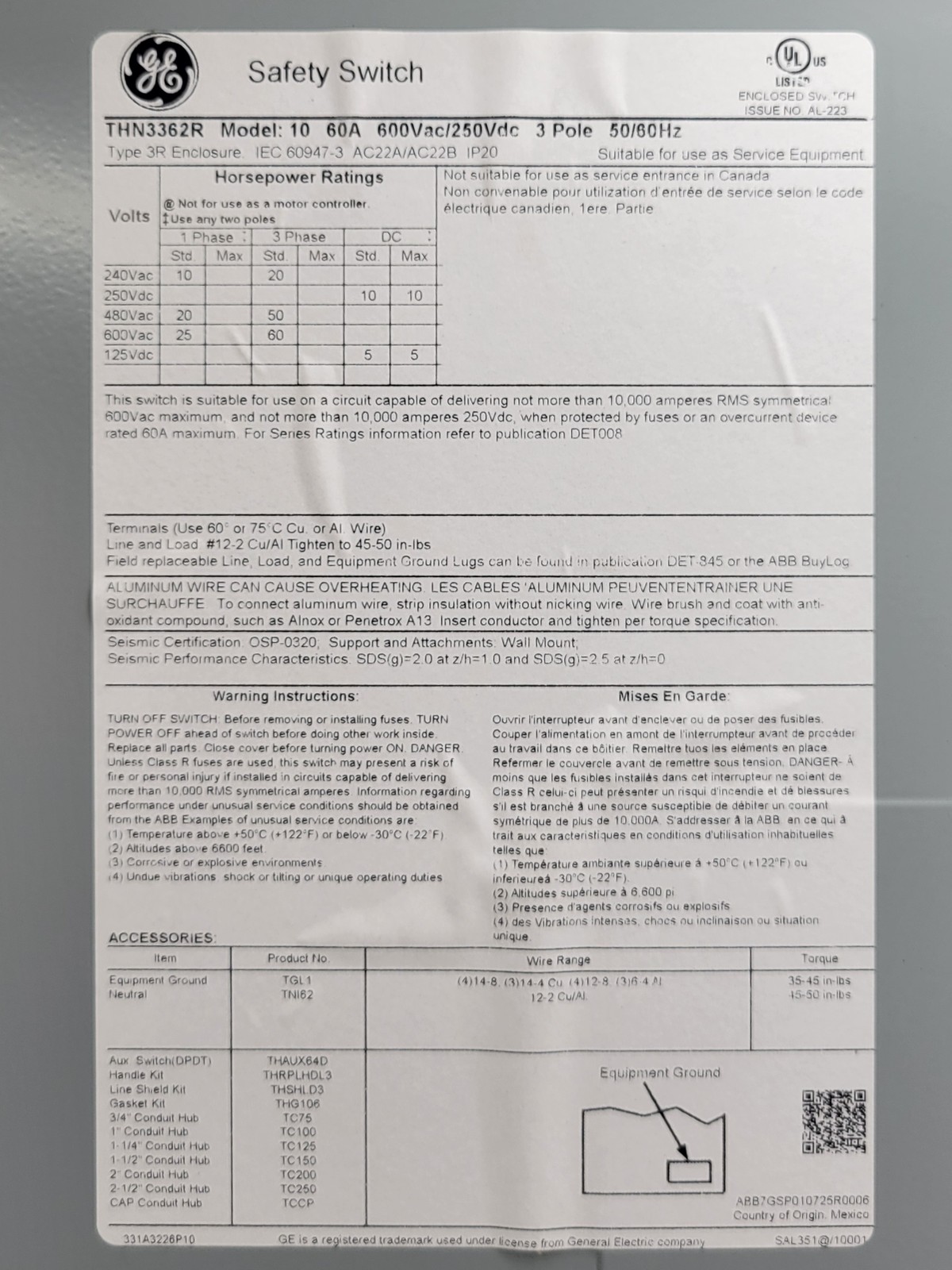 General Electric THN3362R Non-Fusible Heavy Duty Safety Switch 60A 3P 3W 600V