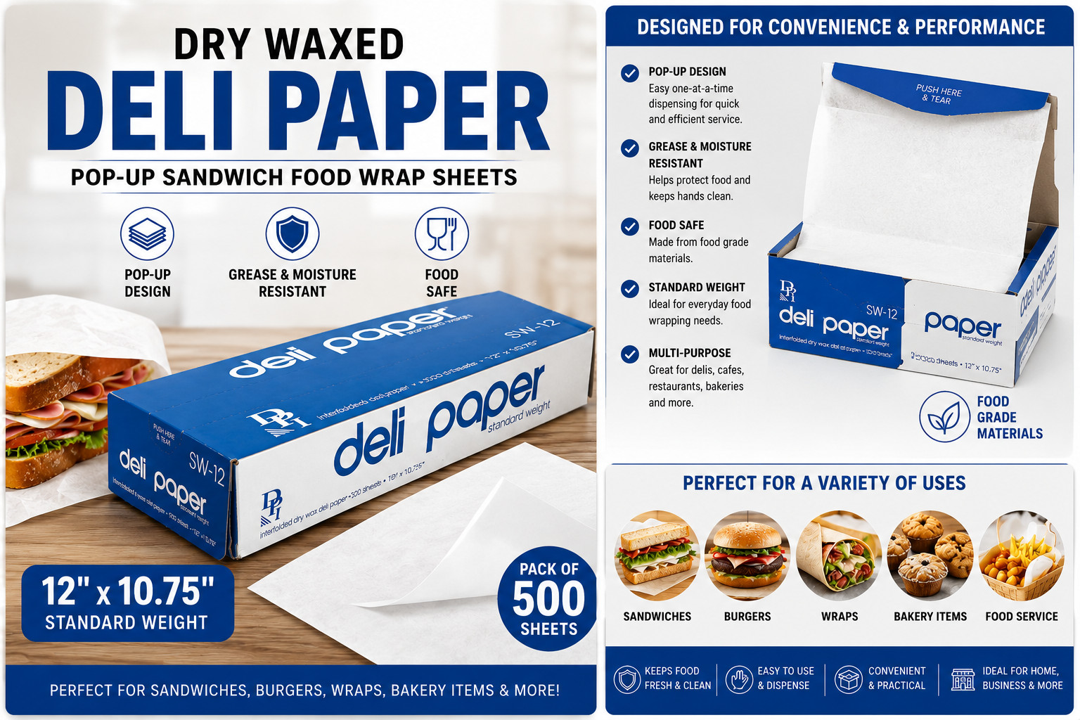 12×10.75 Dry Waxed Deli Paper Pop Up Sandwich Food Wrap Sheets 500 Pack