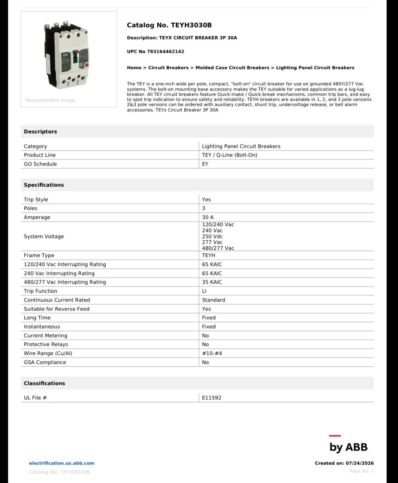 ABB TEYH3030B Molded Case Circuit Breaker 3P 30A 480Vac Bolt-On 2-Pack