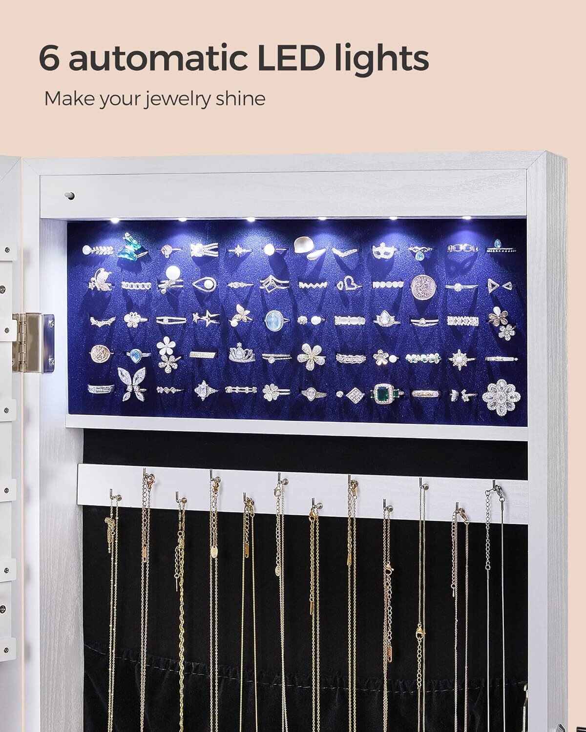 Wall-Mounted Cabinet with LED Interior Lights Door-Mounted Jewelry Organizer