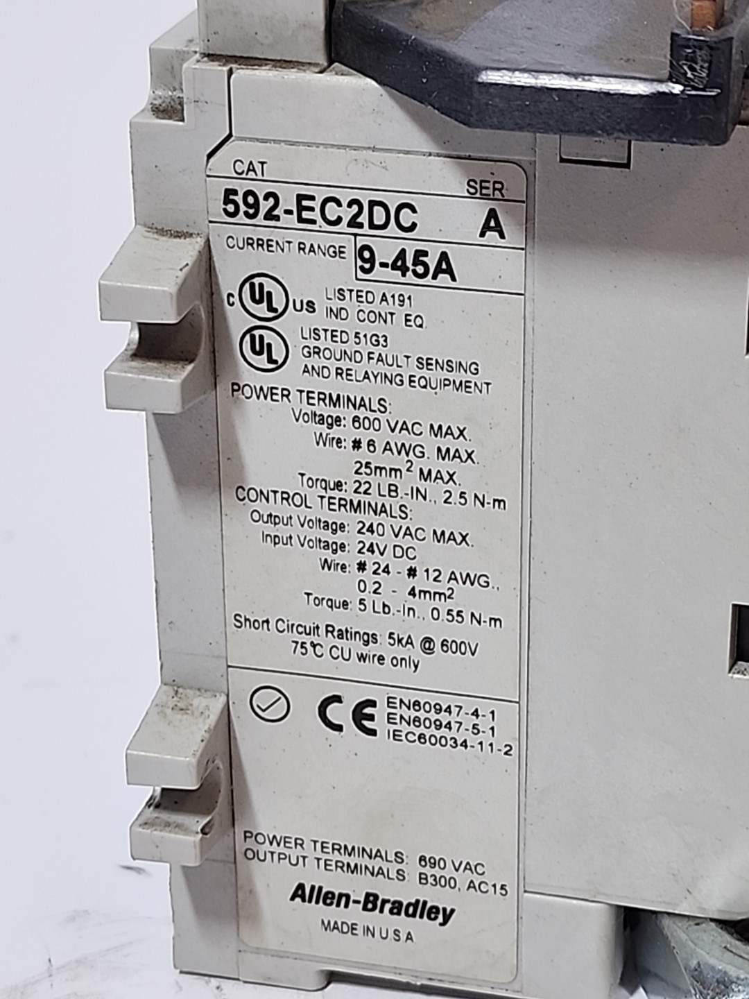 Allen-Bradley 592-EC2DC Electronic Overload Relay 9-45A Series A Solid State