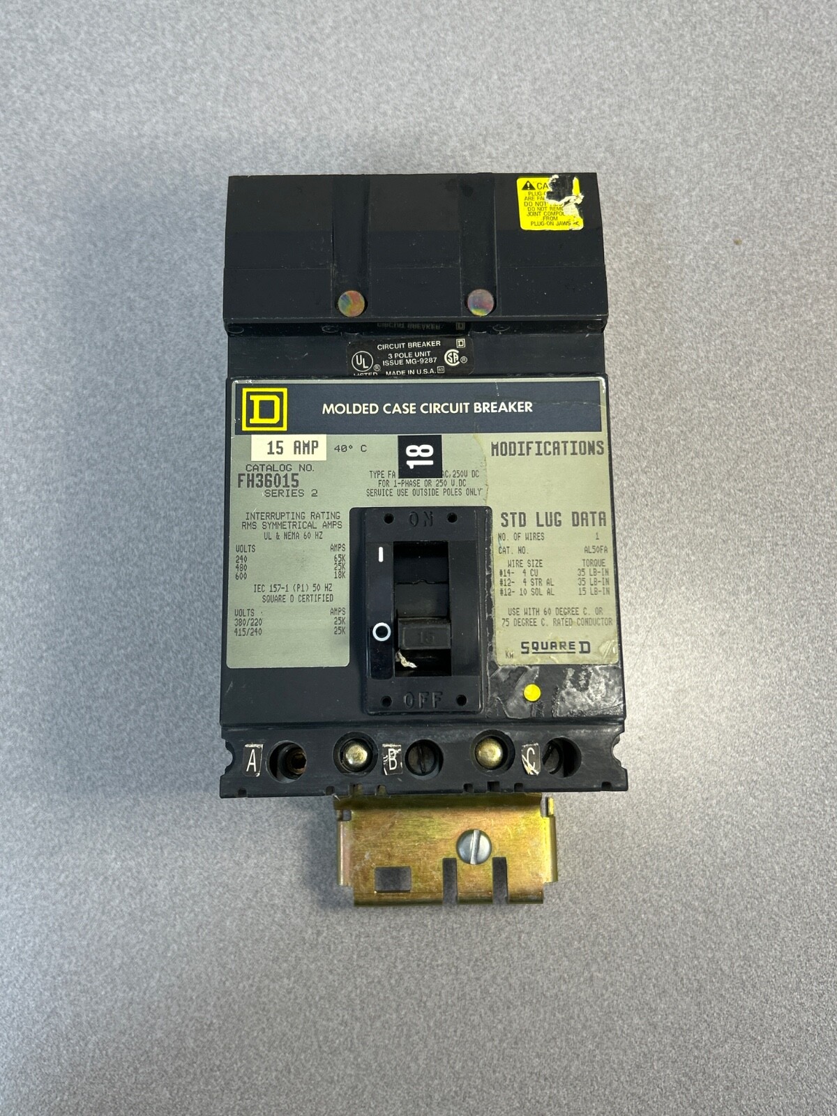 Square D FH36015 15A 600V 3PH 250VDC Circuit Breaker Series 2