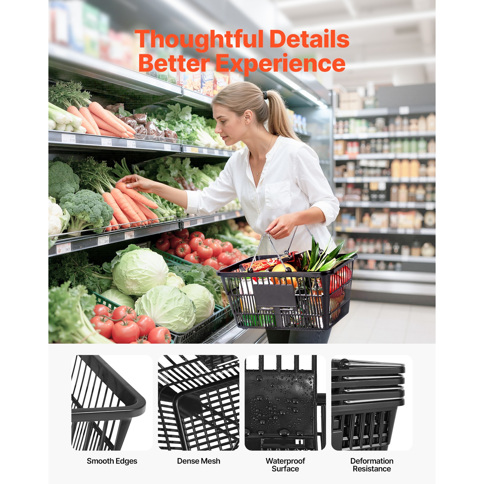 Uimoso Set of 12 Stackable Black PE Shopping Baskets with Handles for Groceries