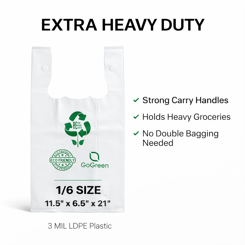 Extra Heavy Duty White 1/6 21 x 6.5 x 11.5 3.0 mil T-Shirt Plastic Grocery Bags