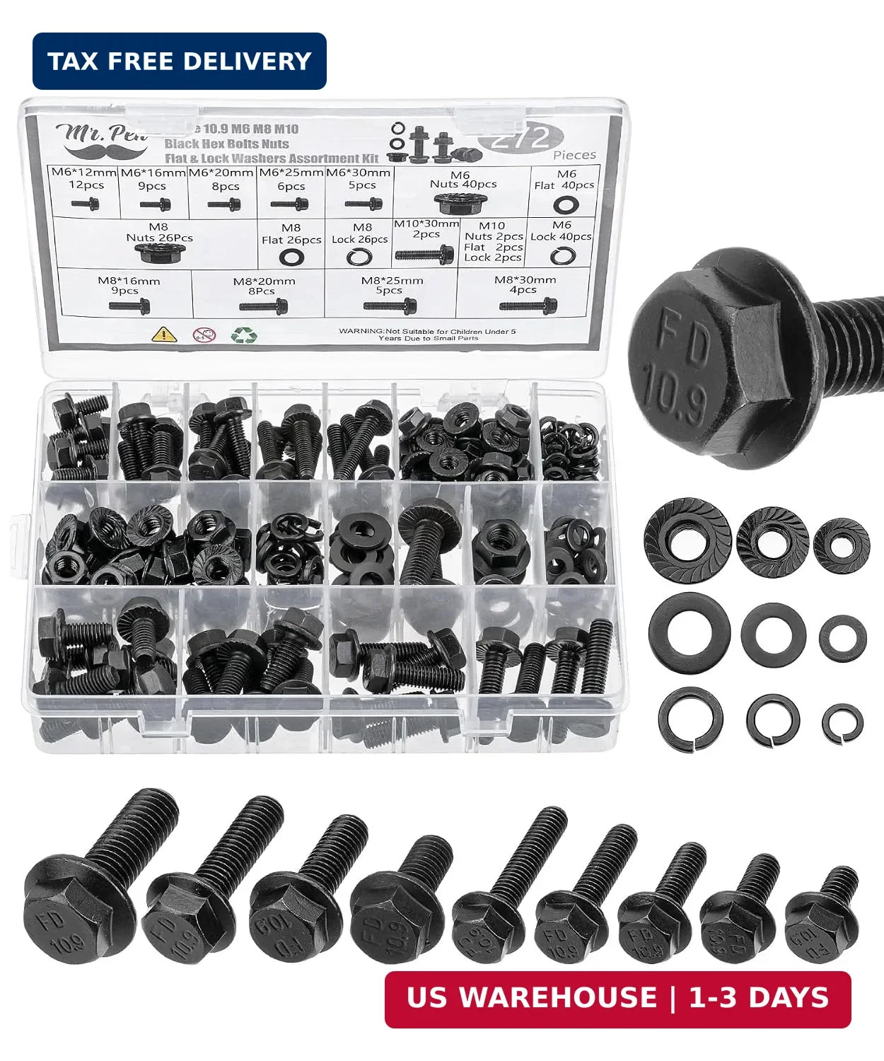 Nuts and Bolts Assortment Kit, 272 pcs, Black Carbon Steel | Grade 10.9, M6, M8