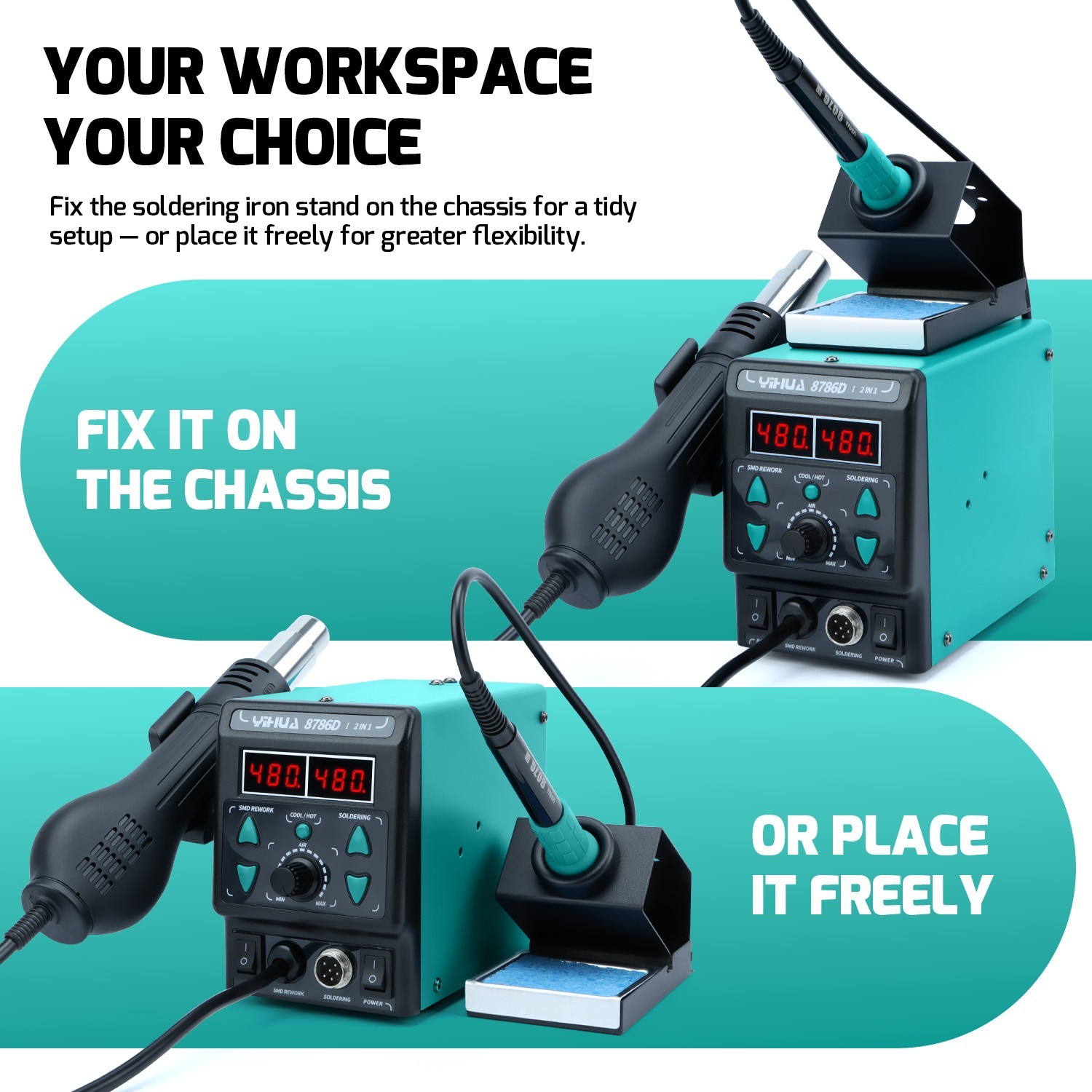 YIHUA 8786D-I Digital Hot Air Rework Station with Soldering Station Complete Kit