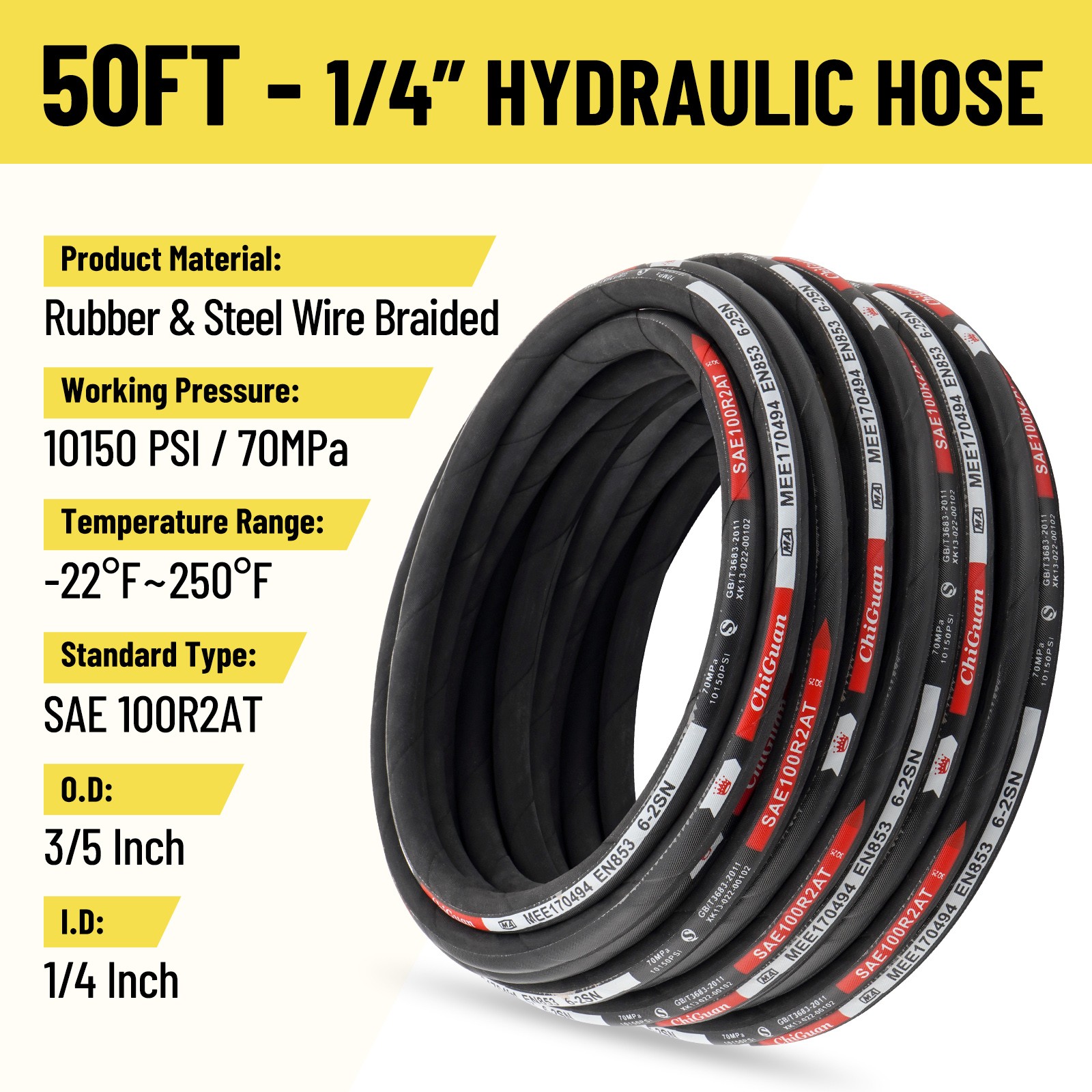 50FT Hydraulic Hose + 16 Fittings Straight & 90° 1/4″ JIC Female & 1/4 NPTF Male