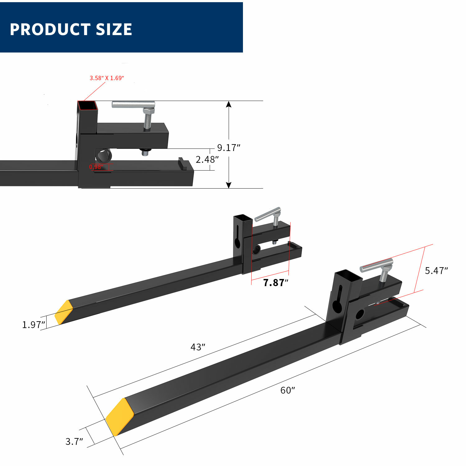 60″ Clamp on Pallet Forks 4000lb Loader Bucket Skid Steer Tractor Stabilizer Bar