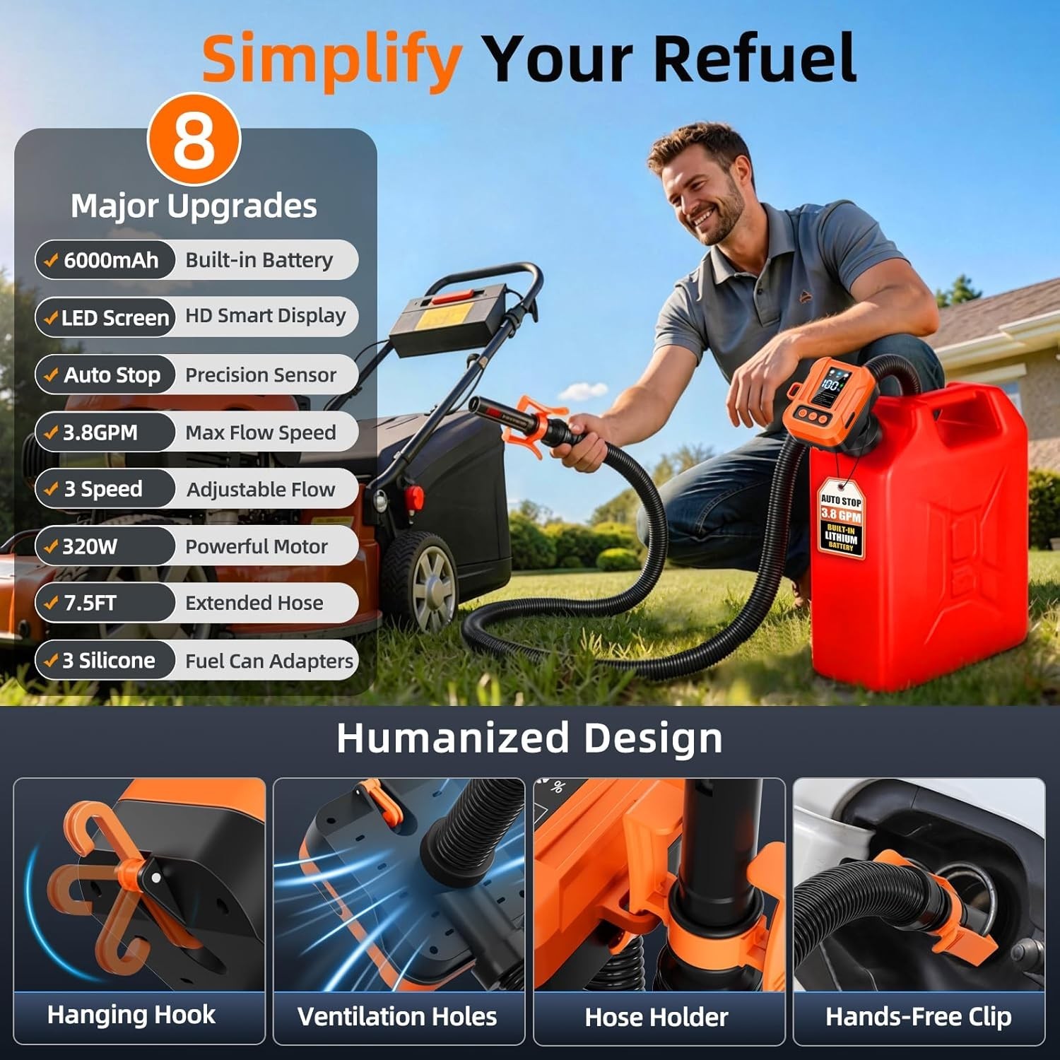 Cordless Fuel Transfer Pump, Automatic 3.8 GPM Gas Can Pump, Electric Fuel Pump