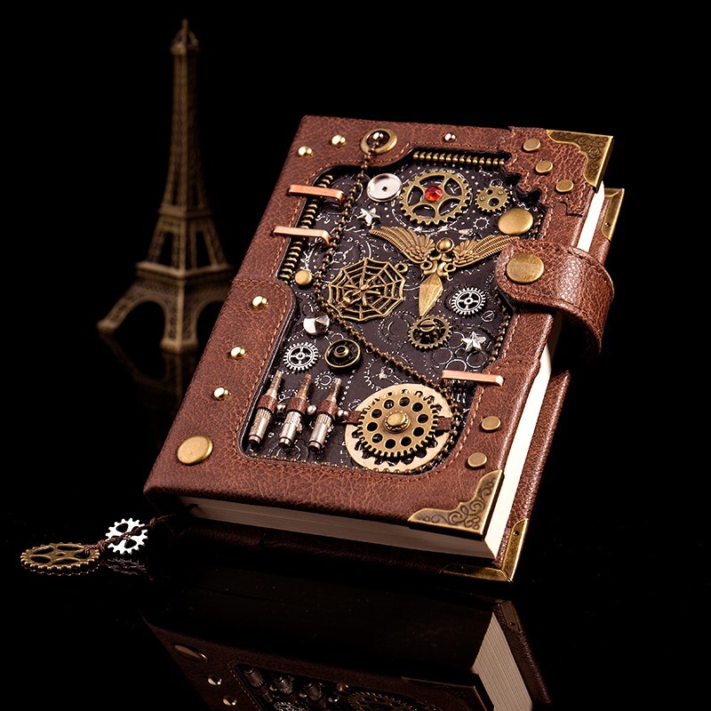 Handmade Steampunk Notebook Leather Journal with customized bookmark and stamp