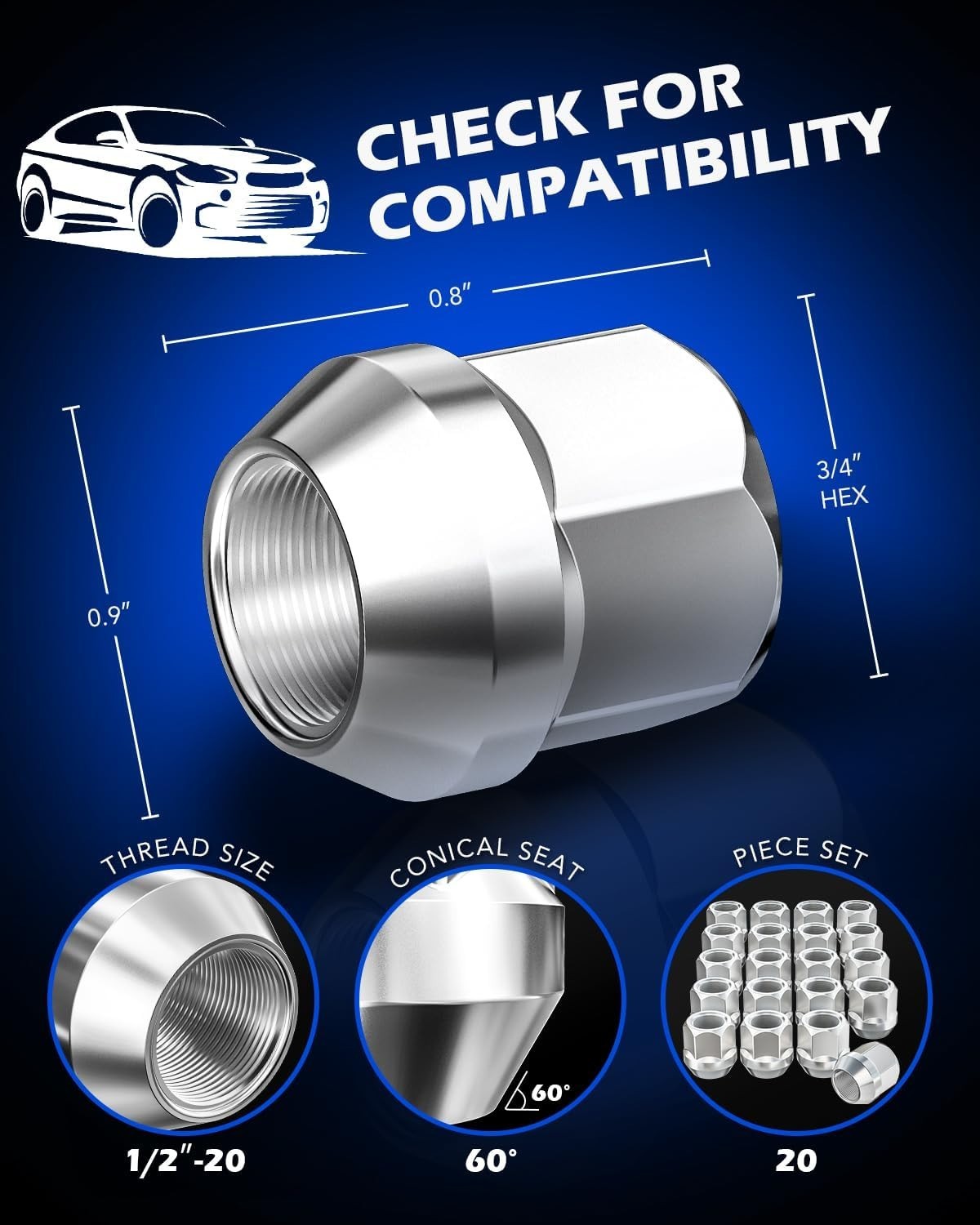 1/2″-20 Open End Lug Nuts, 3/4″ 19Mm Hex 0.84X0.9 In. Chrome Plated Wheel Lug Nu