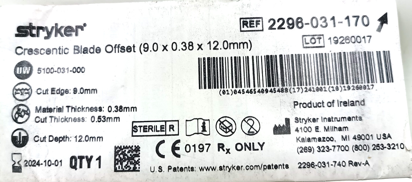Stryker 2296-031-170 Crescentic Blade Offset 9.0×0.38×12.0mm For Training