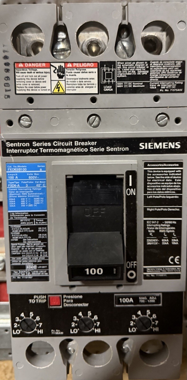 Siemens FXD63B100 100 Amp 600vac 3p Circuit Breaker