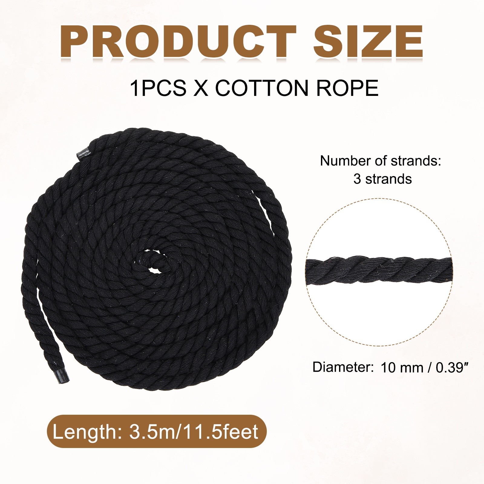 10mm x 11.5 Feet Black Cotton Rope 3 Strand for DIY Wall Hanging Knotting