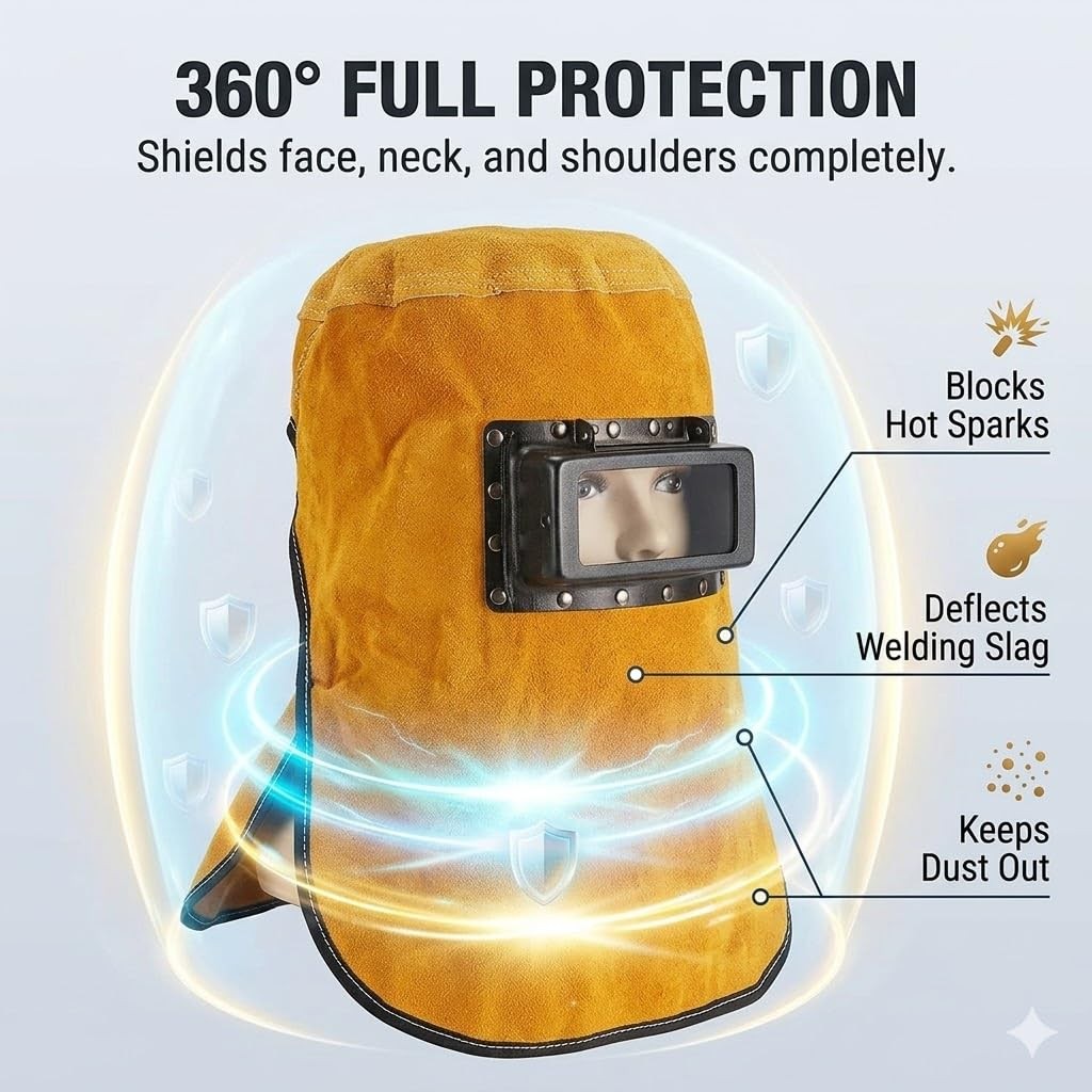 Premium Split Cowhide Leather Welding Hood with Flip-Up Lens – Flame Retardan…