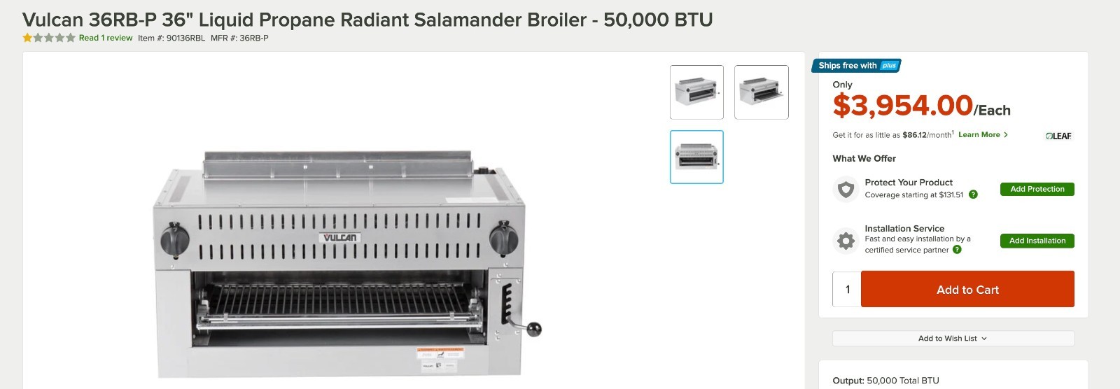 Vulcan 36RB-P 36″ Liquid Propane Radiant Salamander Broiler – 50,000 BTU