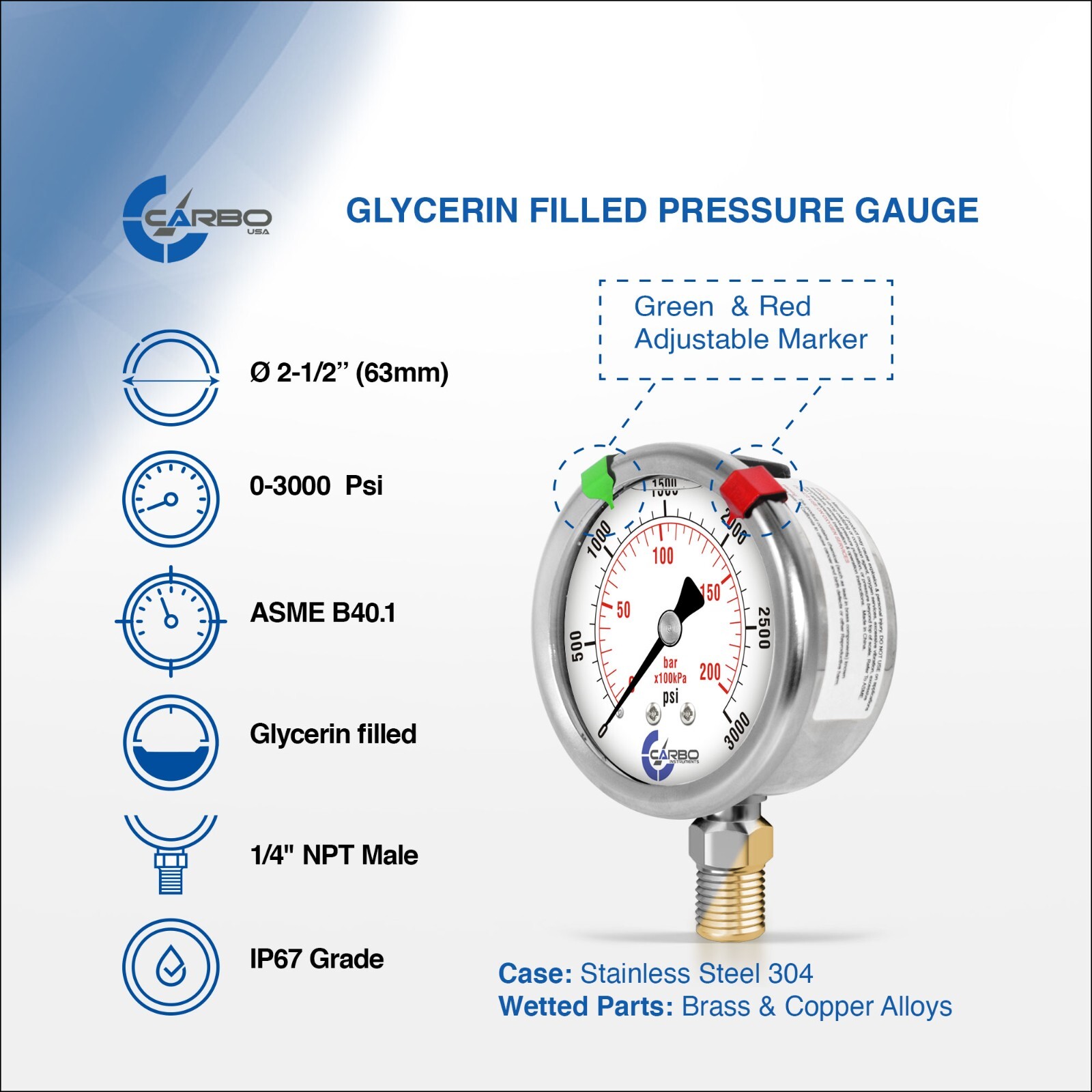 2-1/2″ Pressure Gauge, Stainless Steel Case, Liquid Filled, Lower Mnt 3000 PSI