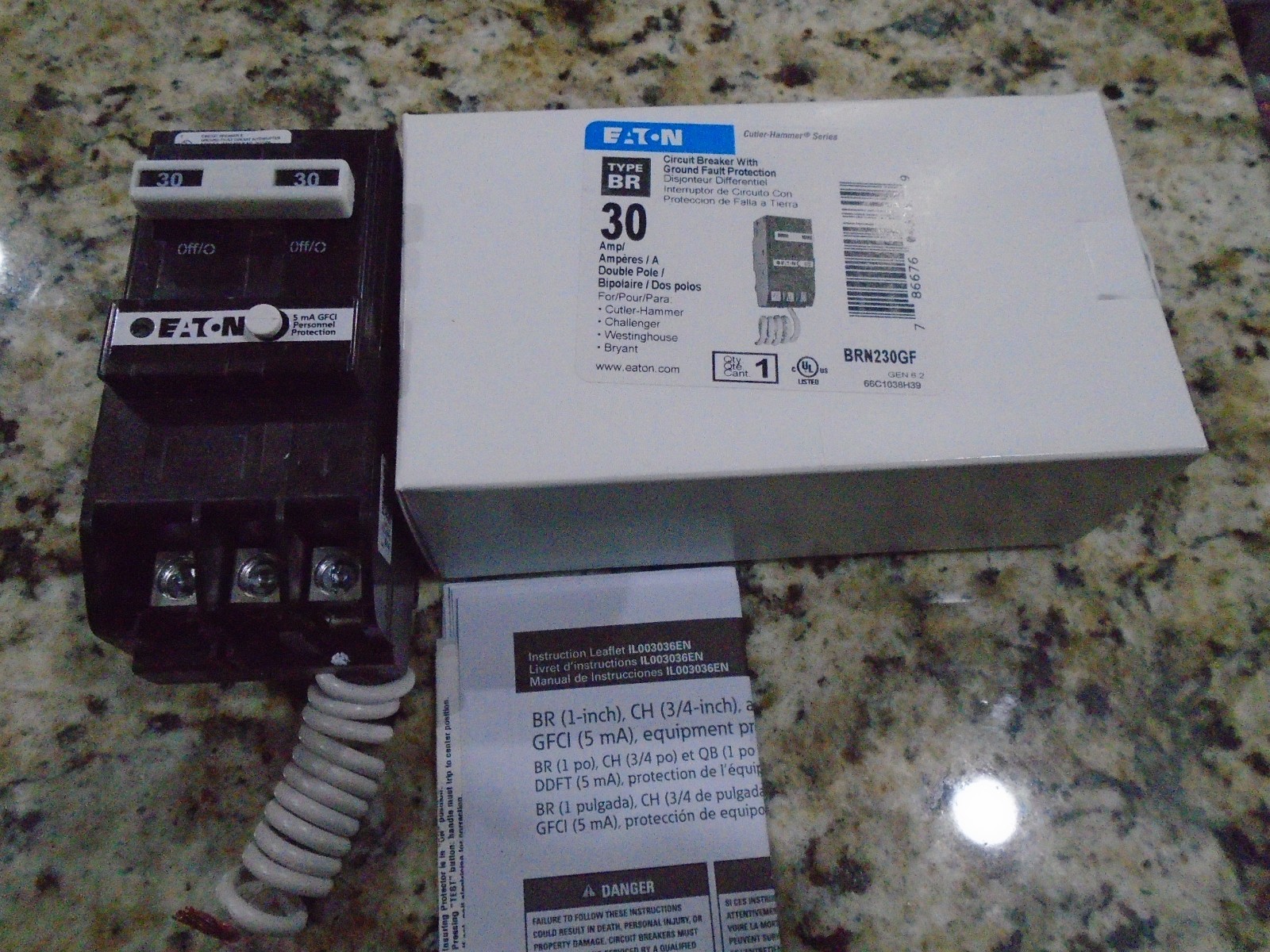 EATON BRN230GF 30AMP 2 POLE GFCI BREAKER WITH GROUND FAULT PROTECTION NEW IN BOX