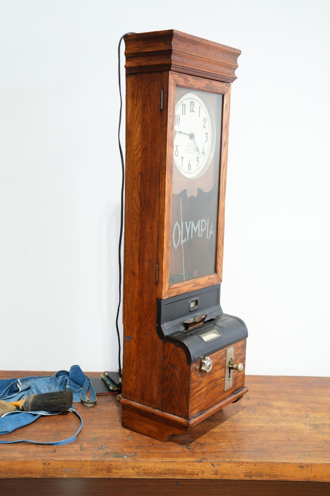 Antique Time Recorder Vintage Time Card Clock Oak Cabinet Olympia wood