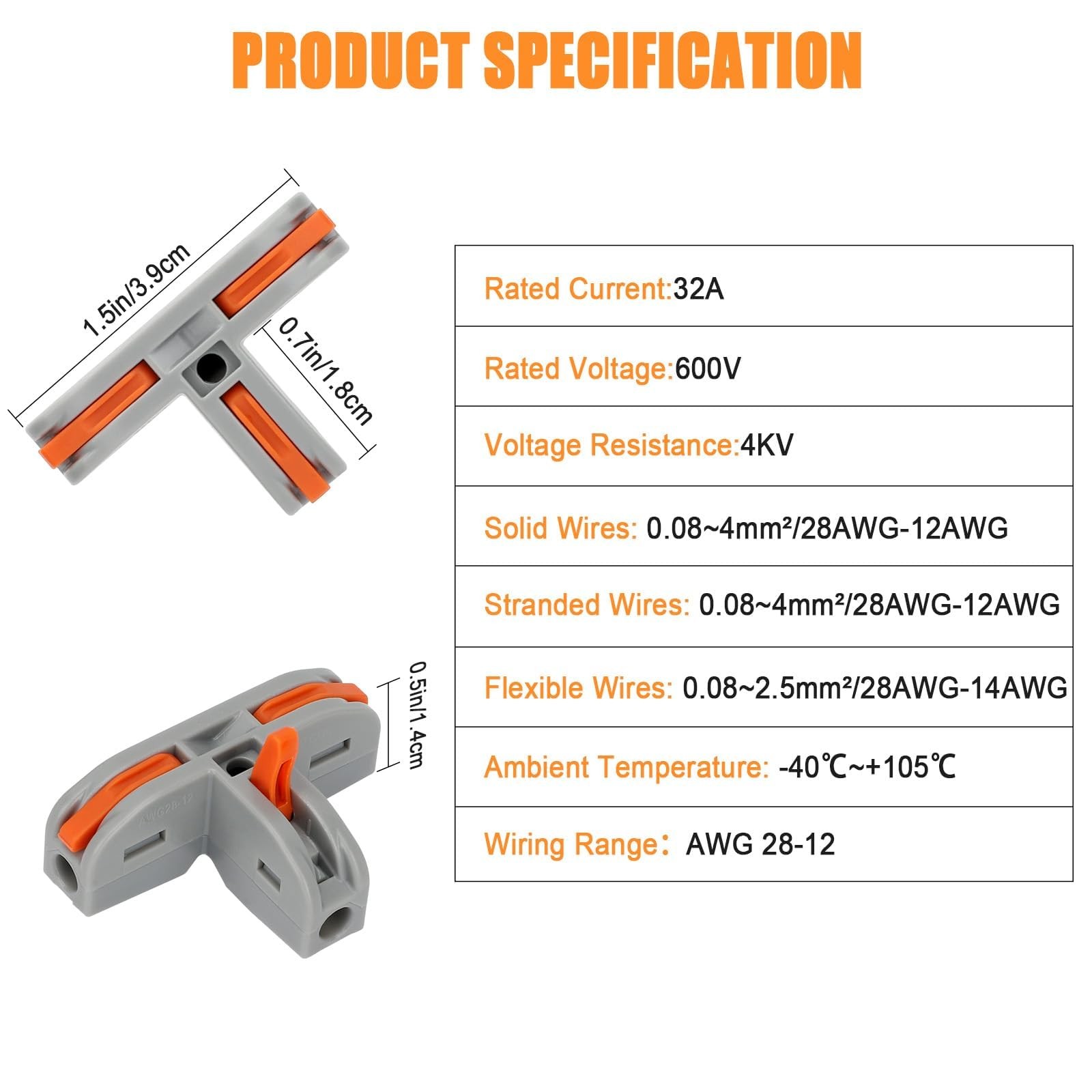 EEEKit 30 PCS Compact Wire Conductor Connector, T Shape Lever Orange, Grey