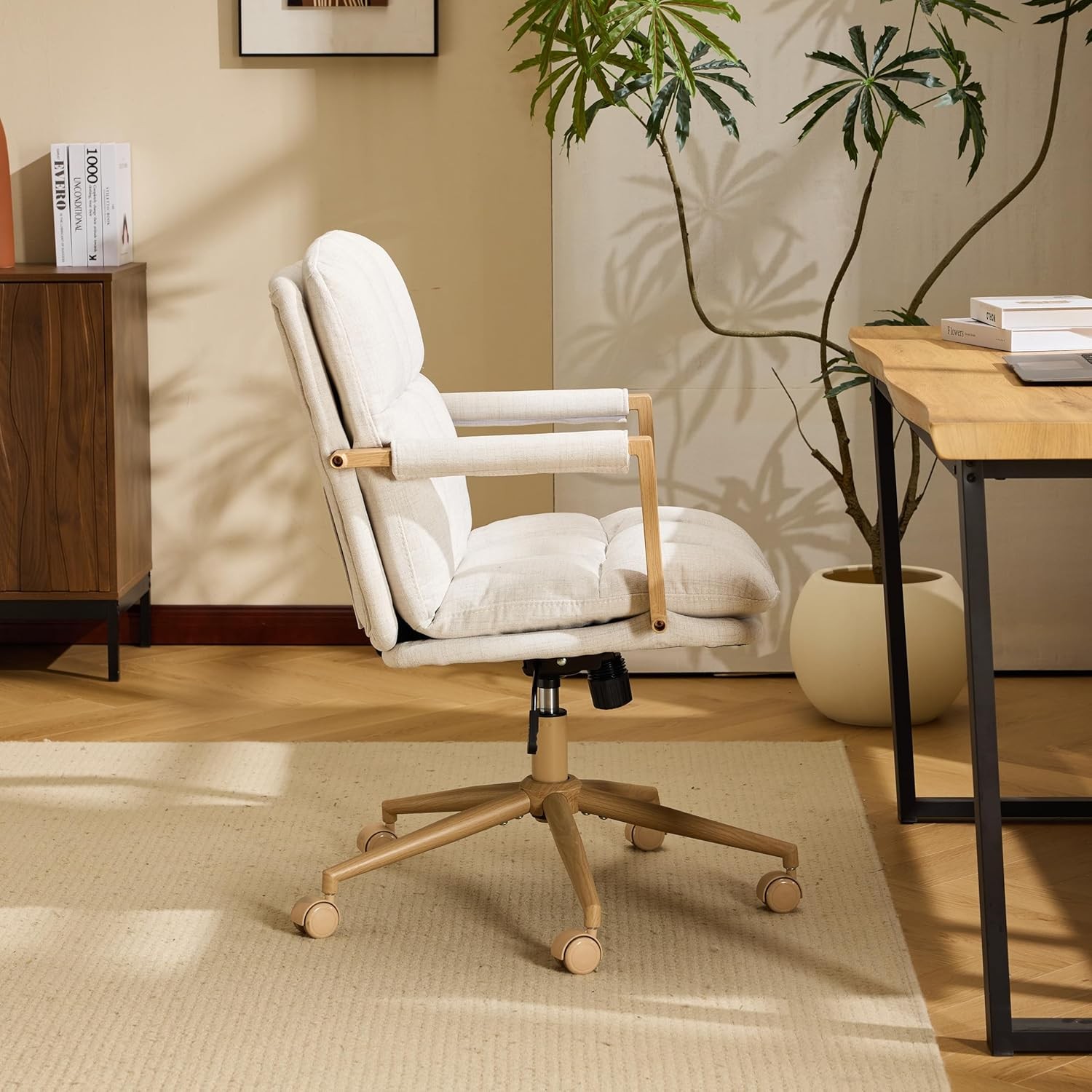 Comfy Linen Office Desk Chair with Wheels & Detachable Cushions & Wood-Like