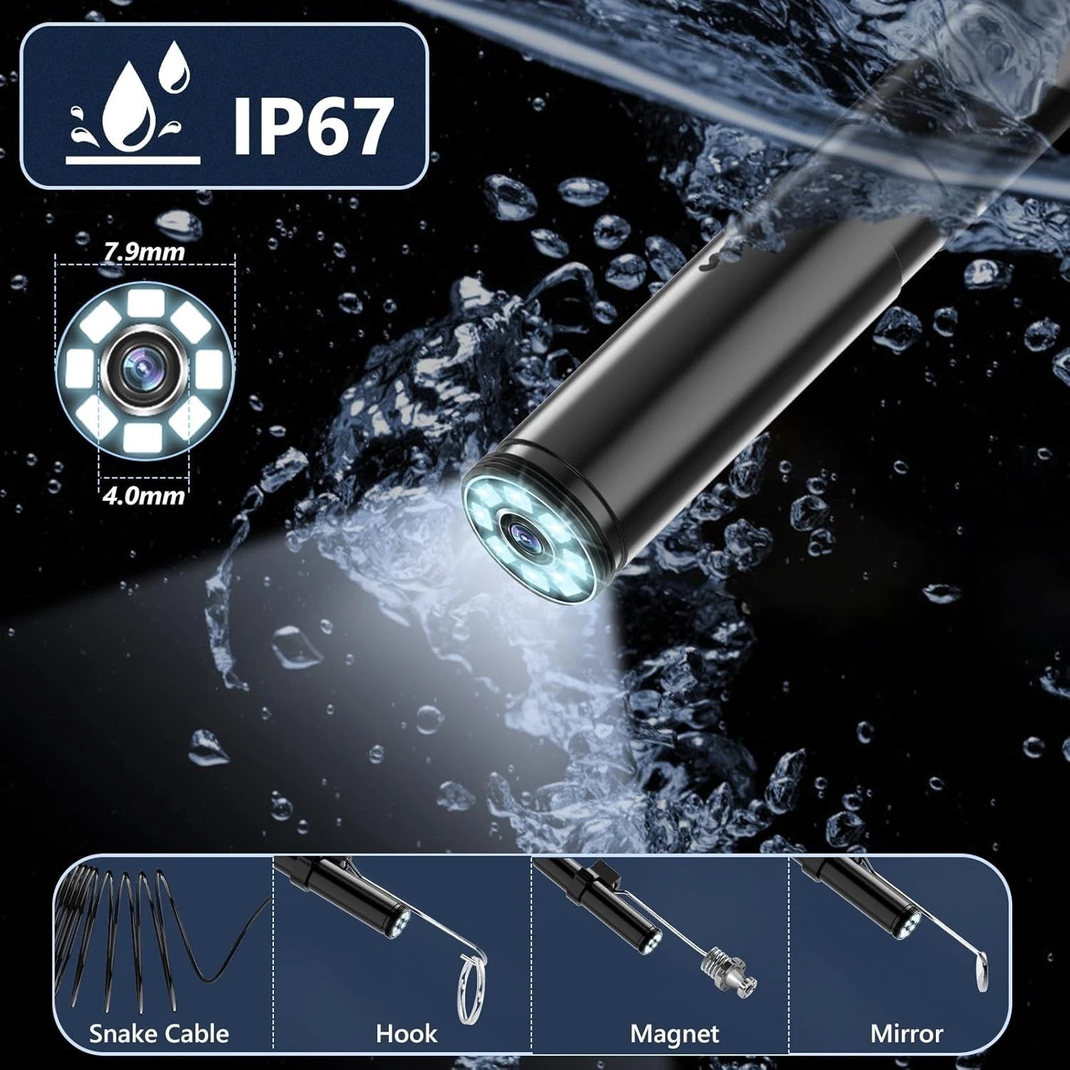 1920P 5M Endoscope Camera with Light,HD Borescope Camera for iOS Android, 8 LEDs