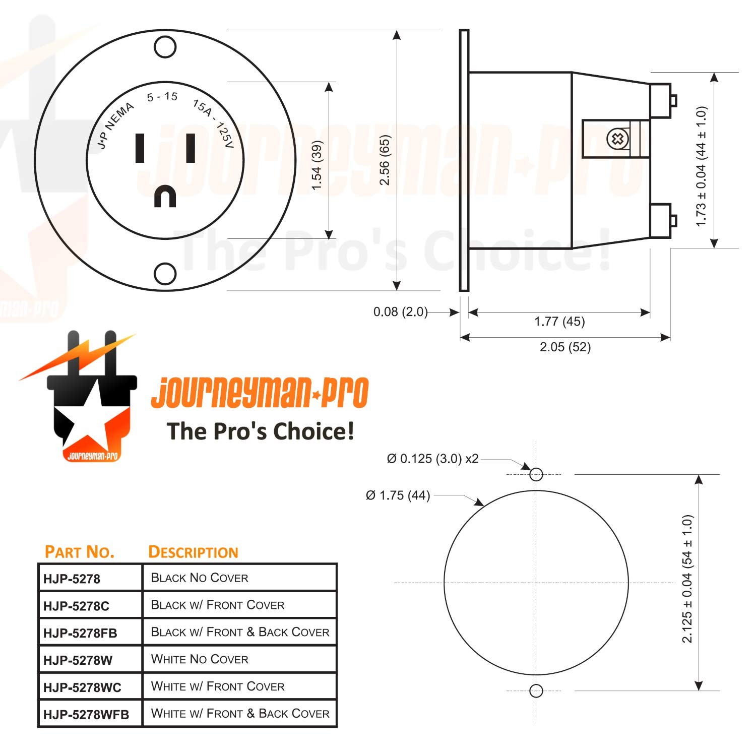 Journeyman~Pro 5278 15A 125V NEMA 5~15 Flanged Inlet Black