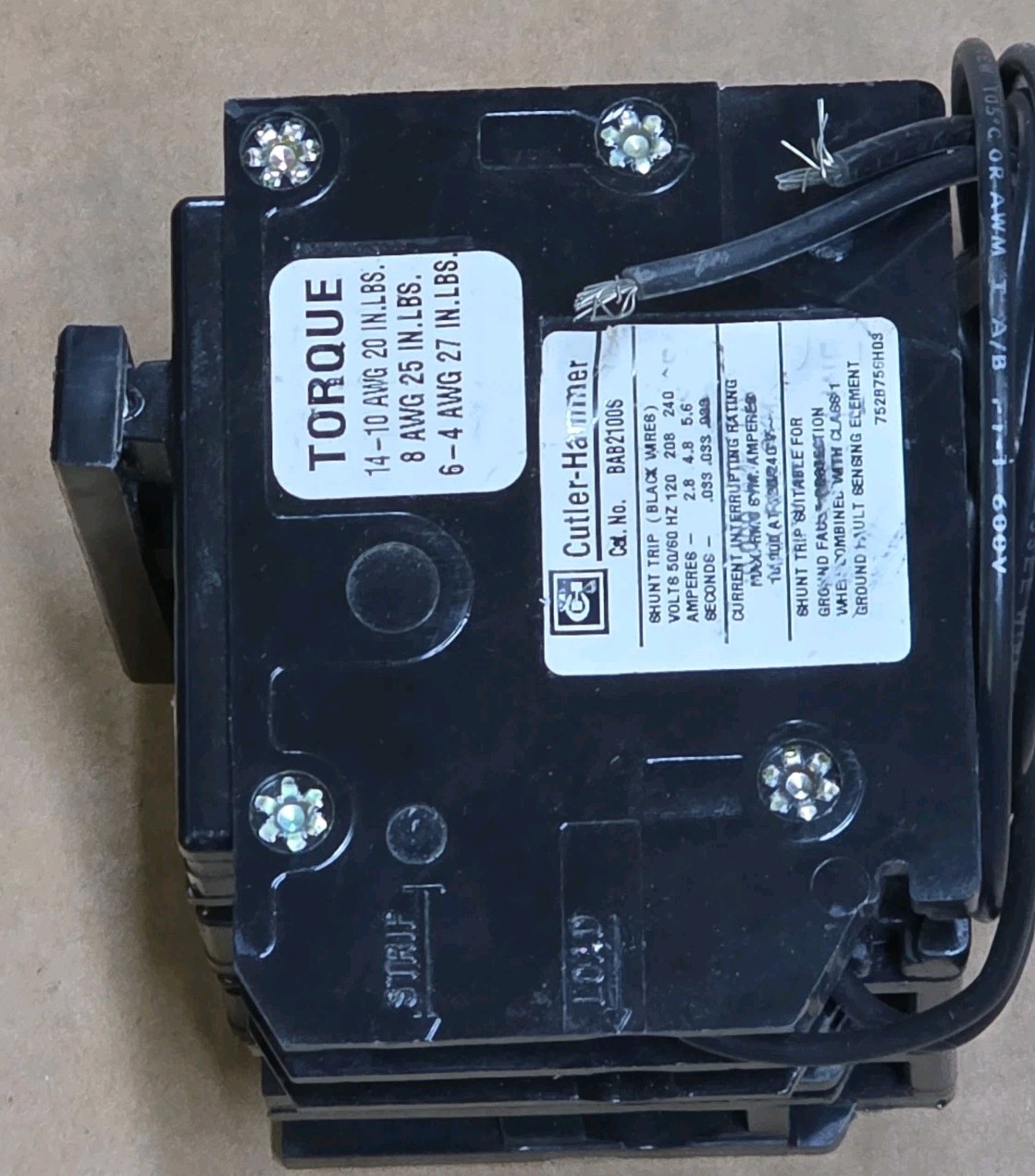 Eaton BAB2100S 100 Amp Shunt Trip Breaker Bolt-On 100 Amp 2 Pole 120/240v