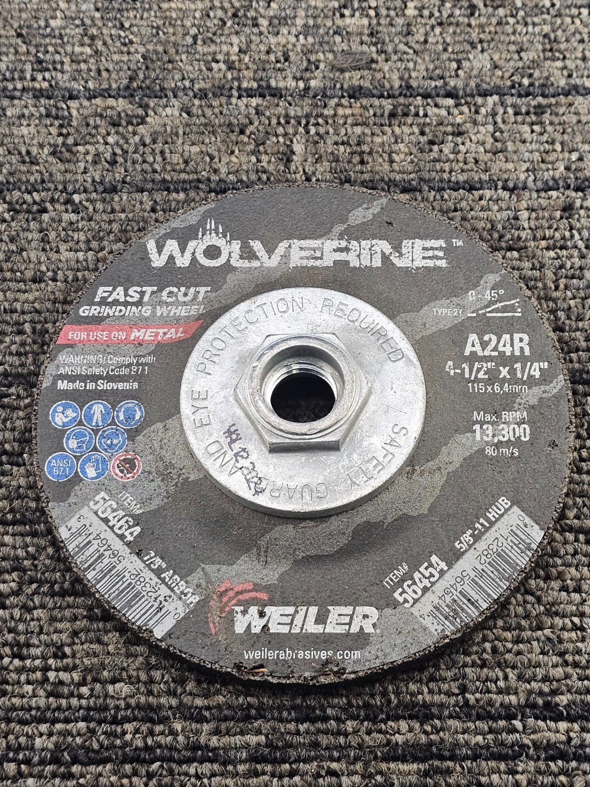 (QTY 2) Weiler 56454: 4-1/2″ x 1/4″ Wolverine Grinding Wheel, A24R 13,300 RPM