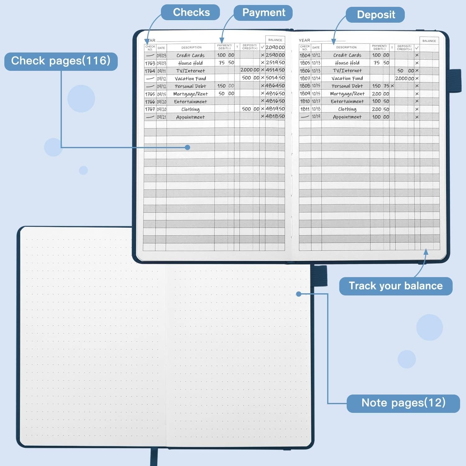 A5 Check Registers for Personal Checkbook, Ledger Transaction Registers Log B…