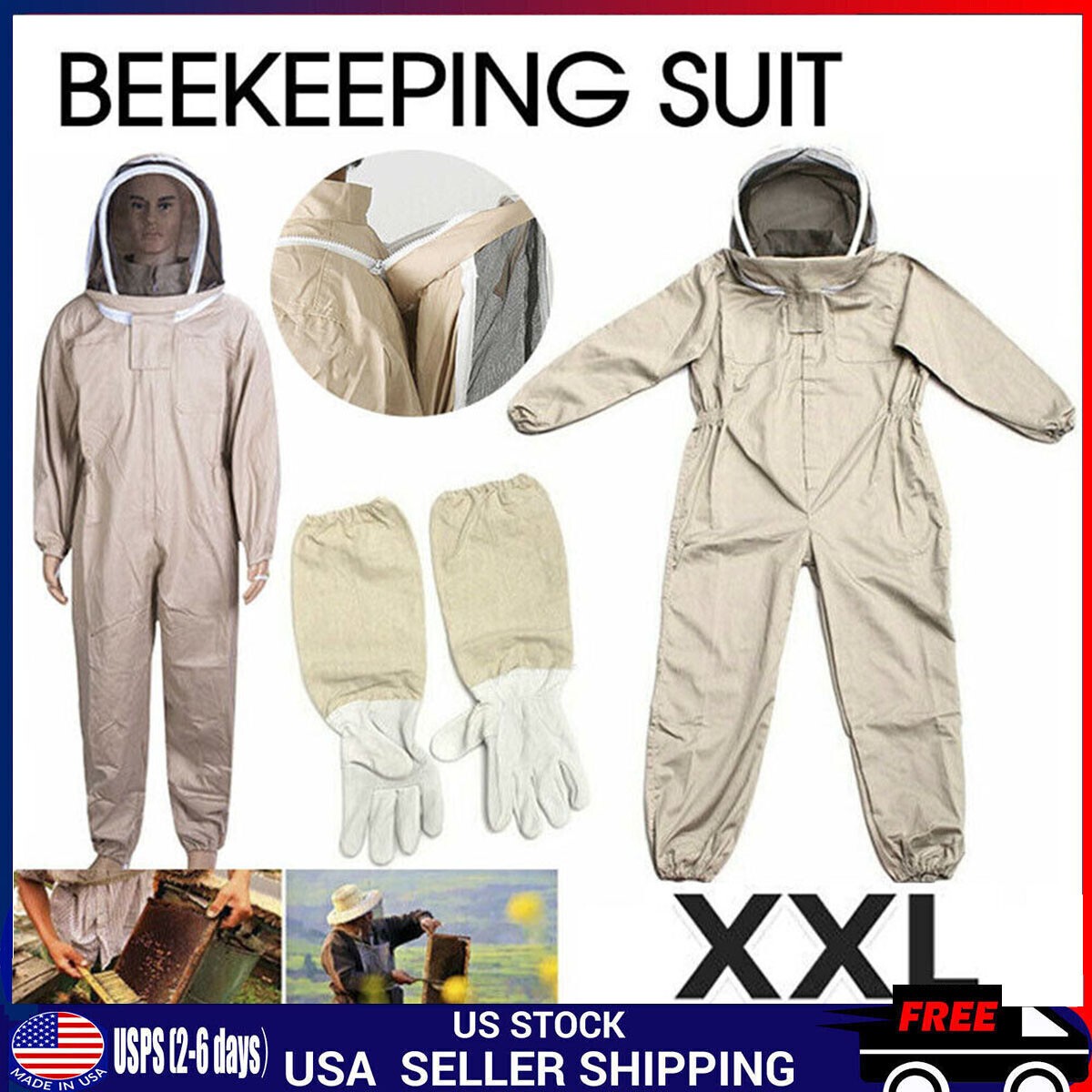 XXL Full Body Anti-bee Suit Cotton Beekeeping Clothing w/Veil Hood&Gloves Unisex