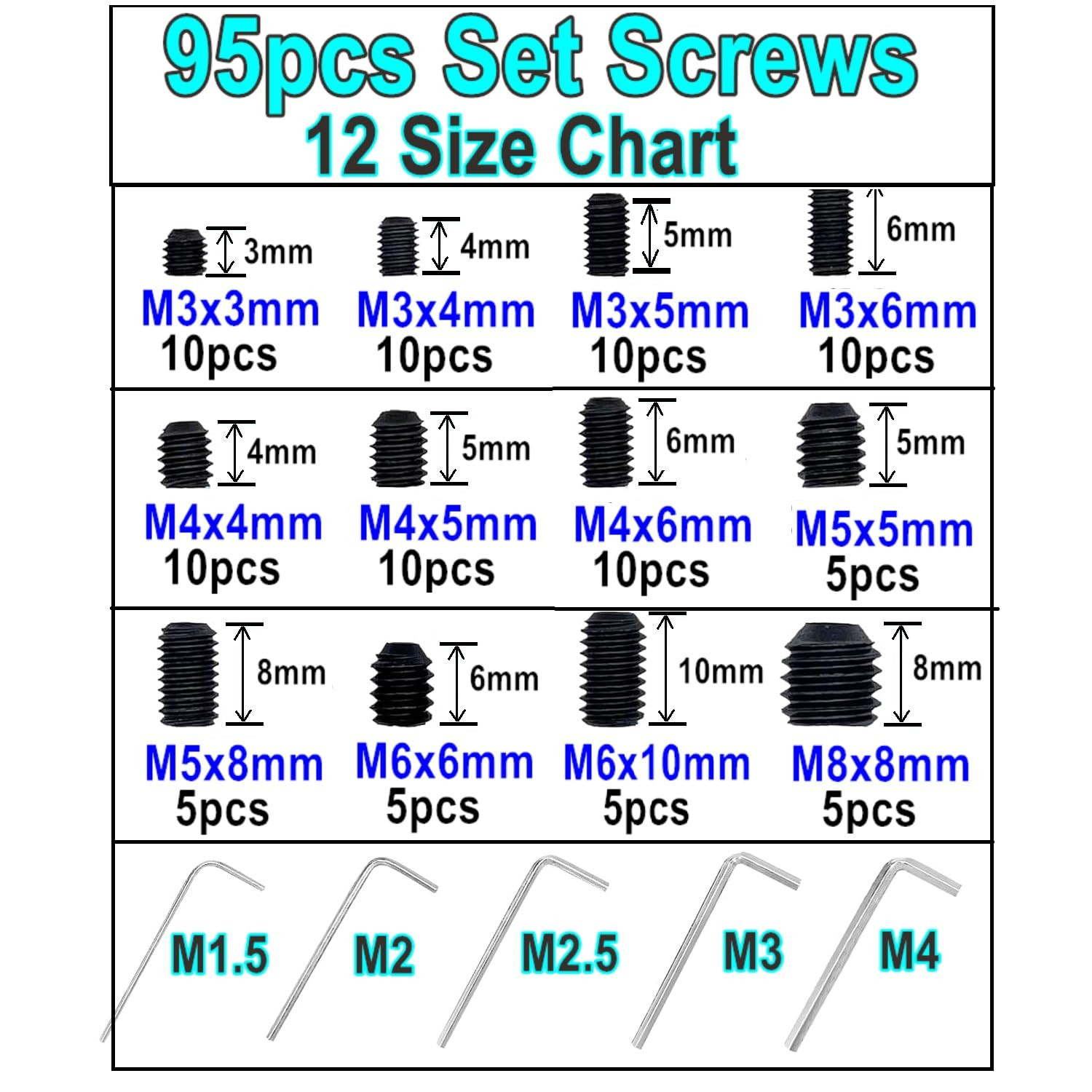 95Pcs Set Screws Assortment Kit with Hex Wrench, Grub Screws M3 M4 M5 M6 M8