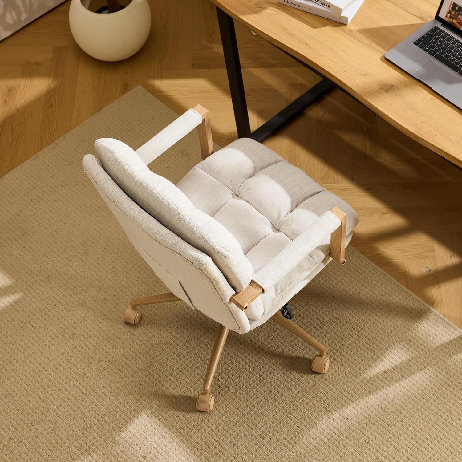 Comfy Linen Office Desk Chair with Wheels & Detachable Cushions & Wood-Like